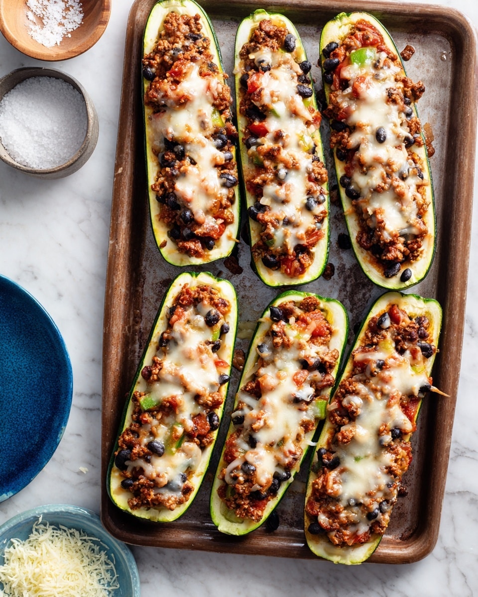 A tray holds six zucchini boats, each sliced in half lengthwise with the green skin on the outside and a hollowed white inner part filled with a mixture of browned meat, black beans, and bits of tomato, topped with melted, lightly browned cheese. The filling has a chunky texture with a mix of brown, black, red, and white colors, and the cheese is golden and bubbly. The tray is on a white marbled surface with a small bowl of salt and a blue plate with grated cheese nearby. photo taken with an iphone --ar 4:5 --v 7