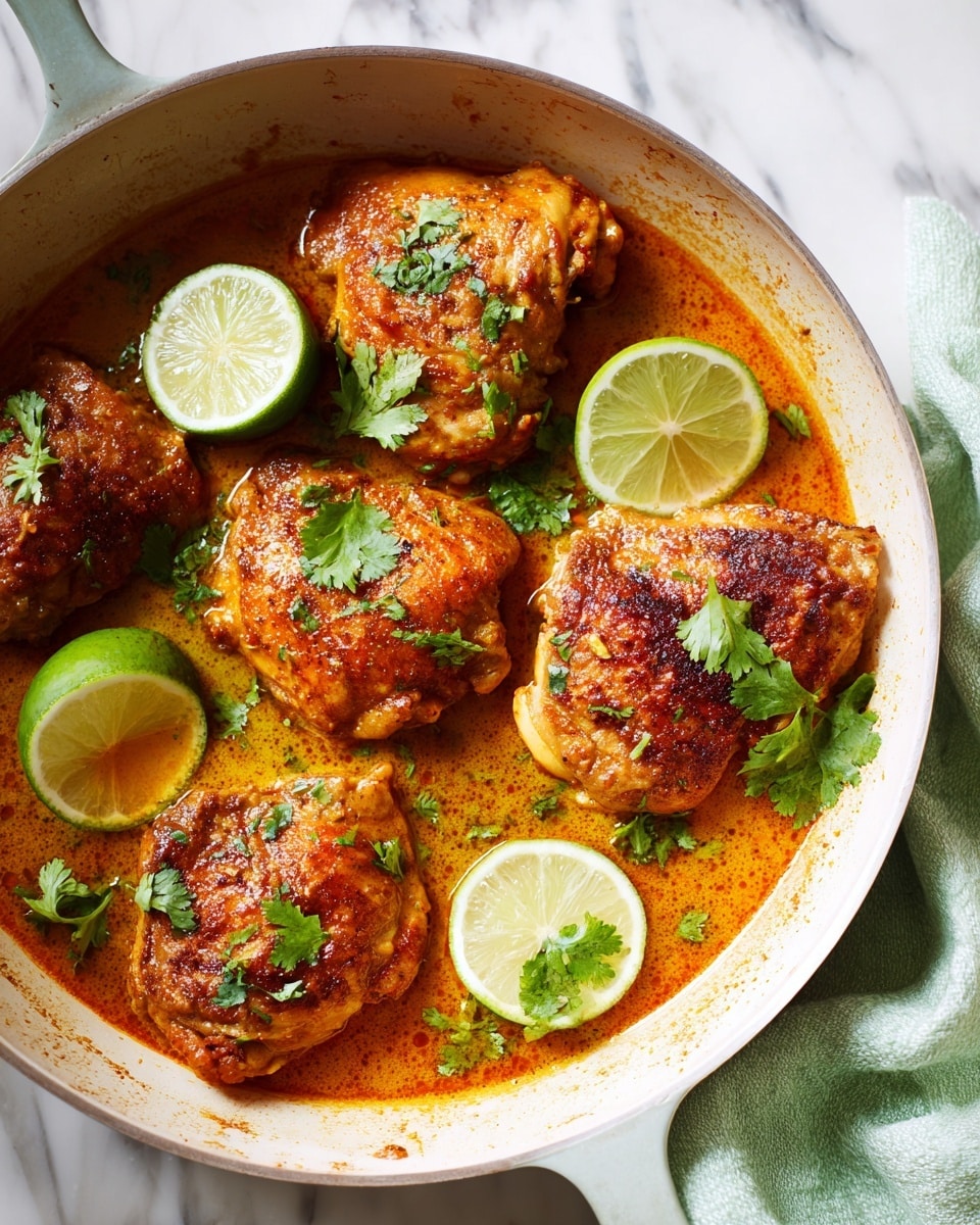 The image shows a white pan with five cooked chicken pieces sitting in a thick, orange sauce. The chicken has a browned, slightly crispy look with the sauce partially covering each piece. Bright green cilantro leaves are sprinkled on top, adding a fresh contrast to the warm colors. There are also three lime wedges placed on the chicken, enhancing the visual appeal. The pan is resting on a white marbled surface, and a light green cloth can be seen in the background. photo taken with an iphone --ar 4:5 --v 7
