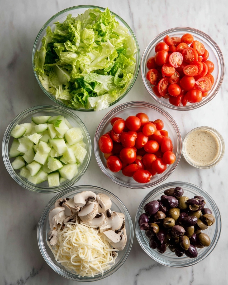 The image shows six clear glass bowls arranged on a white marbled surface. The top bowl contains fresh green leafy lettuce with a light texture. Below it, two bowls side by side: the left one has chopped light green cucumber pieces, the right one holds bright red halved cherry tomatoes with a shiny, juicy look. Below them, there are three bowls in a row: the left bowl holds white shredded mozzarella cheese, the middle bowl has sliced light brown mushrooms, and the right bowl contains dark purple olives with a glossy surface. On the right of the mushrooms is a small bowl filled with a grainy beige salad dressing. Photo taken with an iphone --ar 4:5 --v 7
