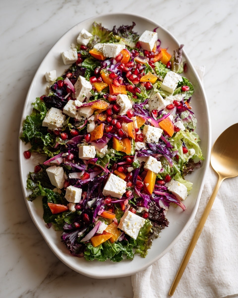 A colorful salad is served on a white oval plate placed on a white marbled surface. The salad has layers of green leaves as the base, topped with small white cheese cubes scattered around. Bright orange and yellow bell pepper pieces are mixed in, along with bits of purple cabbage and red pomegranate seeds adding pops of color. The salad looks fresh and vibrant with a mix of textures from soft cheese to crunchy vegetables. A gold spoon rests next to the plate. Photo taken with an iphone --ar 4:5 --v 7
