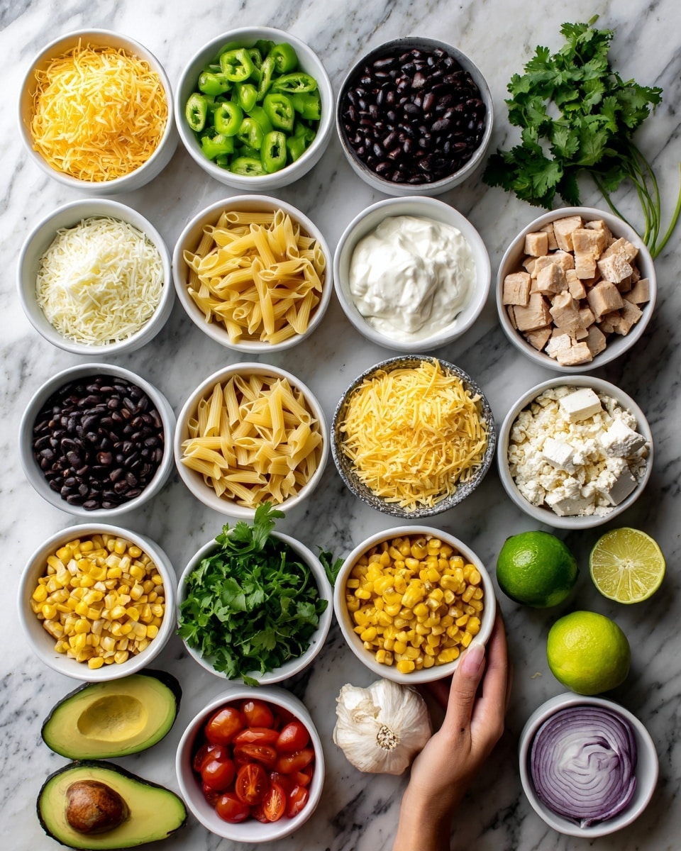 The image shows a white marble surface with sixteen small white bowls arranged neatly, each filled with different ingredients. From top to bottom, left to right: shredded yellow cheese, black beans, chopped green bell peppers, white sour cream, uncooked pasta, corn kernels, cubed cooked chicken, yellow cornmeal, sliced black olives, two whole green limes on the marble surface, chopped red onions, crumbled white cheese, half an avocado, chopped fresh cilantro, minced garlic, and halved cherry tomatoes. A woman's hand holds one of the bowls near the bottom edge. Photo taken with an iphone --ar 4:5 --v 7