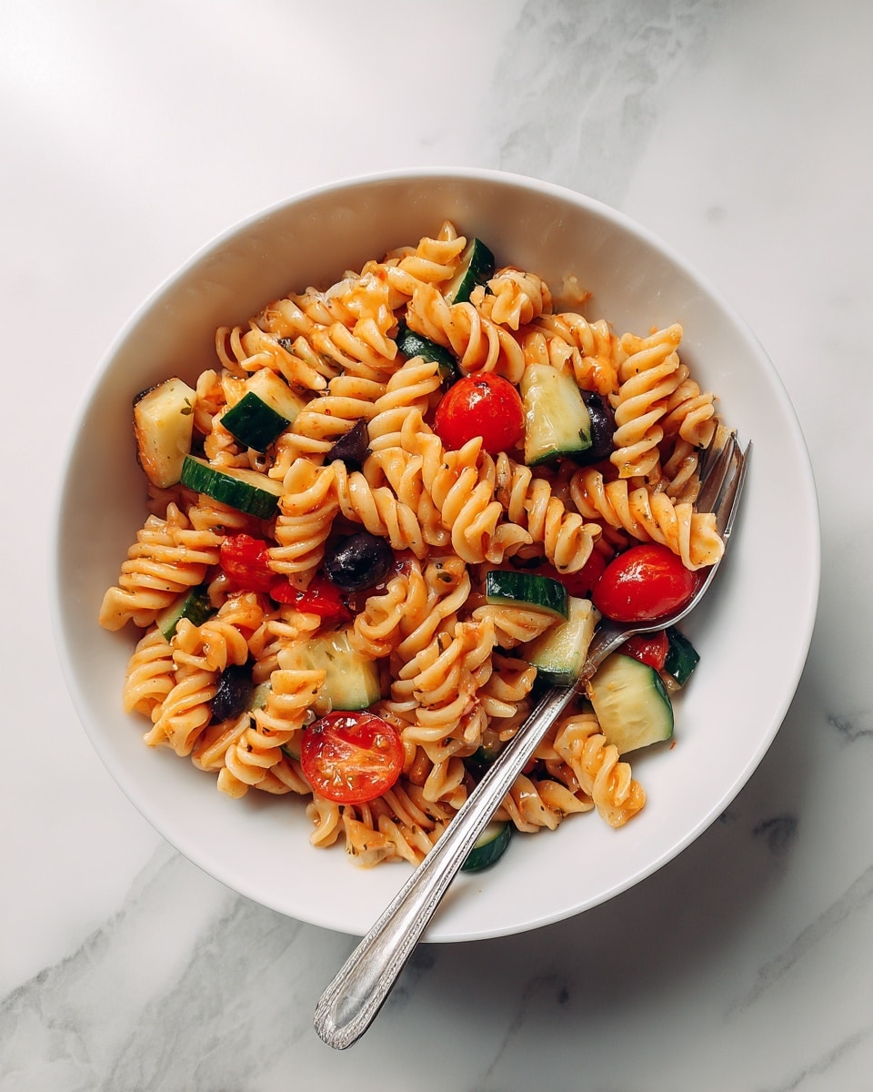 The image shows a white bowl filled with spiral pasta mixed with small pieces of red cherry tomatoes, sliced black olives, and light green cucumber chunks. The pasta is light orange in color, with some pieces lightly coated in a sauce that gives a slightly shiny texture. The red tomatoes are cut into halves or quarters, scattered evenly throughout the dish. Sliced black olives add contrast with their dark, round shapes, while the cucumbers are cubed with a slightly translucent light green color. A silver fork is placed to the right side inside the bowl. The bowl sits on a white marbled surface. Photo taken with an iphone --ar 4:5 --v 7