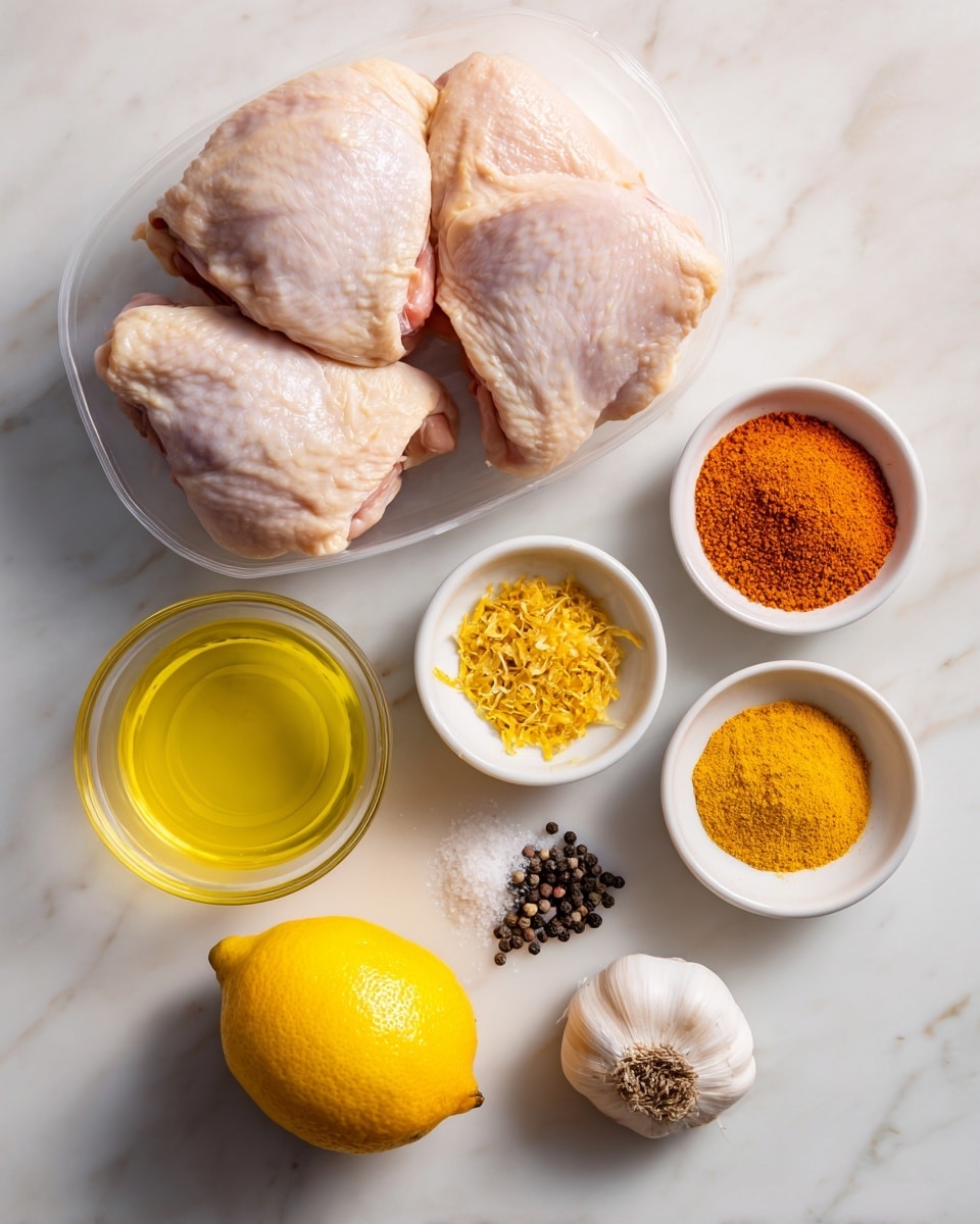 The image shows a white marbled surface with ingredients arranged neatly. At the top left, there is a clear plastic container holding four raw chicken thighs with pale pink skin. To the right, three small white bowls hold ground spices: one with orange powder, one with black pepper, and one with lemon zest. In the middle, a small glass bowl contains a yellow liquid, likely oil, and next to it, a whole yellow lemon is placed. Below the lemon, there is a small white bowl with coarse salt, a small white bowl with black pepper, and two garlic cloves. On the right side, a glass bowl holds a light yellow liquid, possibly lemon juice. Everything is organized simply on the white marbled surface. Photo taken with an iphone --ar 4:5 --v 7
