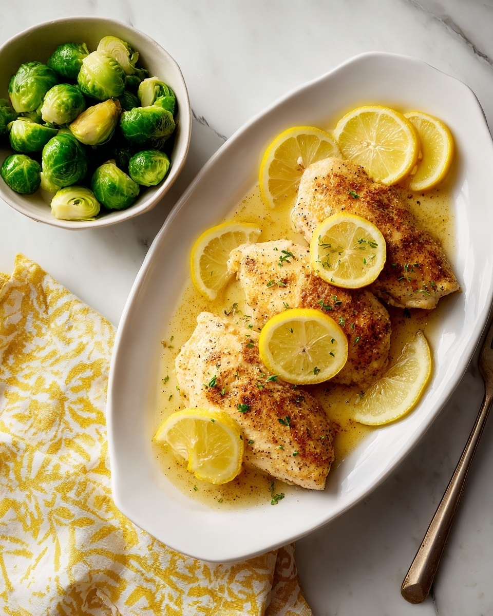 The image shows a white oval plate with two pieces of cooked chicken placed side by side. The chicken has a golden brown crust with a slightly crispy texture. On top of and around the chicken are several slices of bright yellow lemon, some resting on the chicken and some on the plate. There is a light sauce or seasoning visible on the chicken, giving it a moist look. The plate is on a white marbled surface with a yellow and white patterned cloth napkin nearby. Next to the plate is a white bowl holding green Brussels sprouts. The photo is taken with an iphone --ar 4:5 --v 7