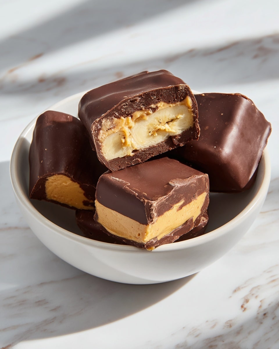 The image shows a white bowl filled with several pieces of chocolate-covered treats. Each piece has three clear layers: a smooth dark brown outer chocolate layer, a thick middle peanut butter layer in light golden brown, and an inner creamy banana layer with pale yellow color. One piece is cut in half, showing the neat separation of the three layers inside. The chocolate coating looks a bit rough and shiny with small bumps and subtle texture. The bowl is placed on a white marbled surface with soft shadows and dappled light falling around it. photo taken with an iphone --ar 4:5 --v 7