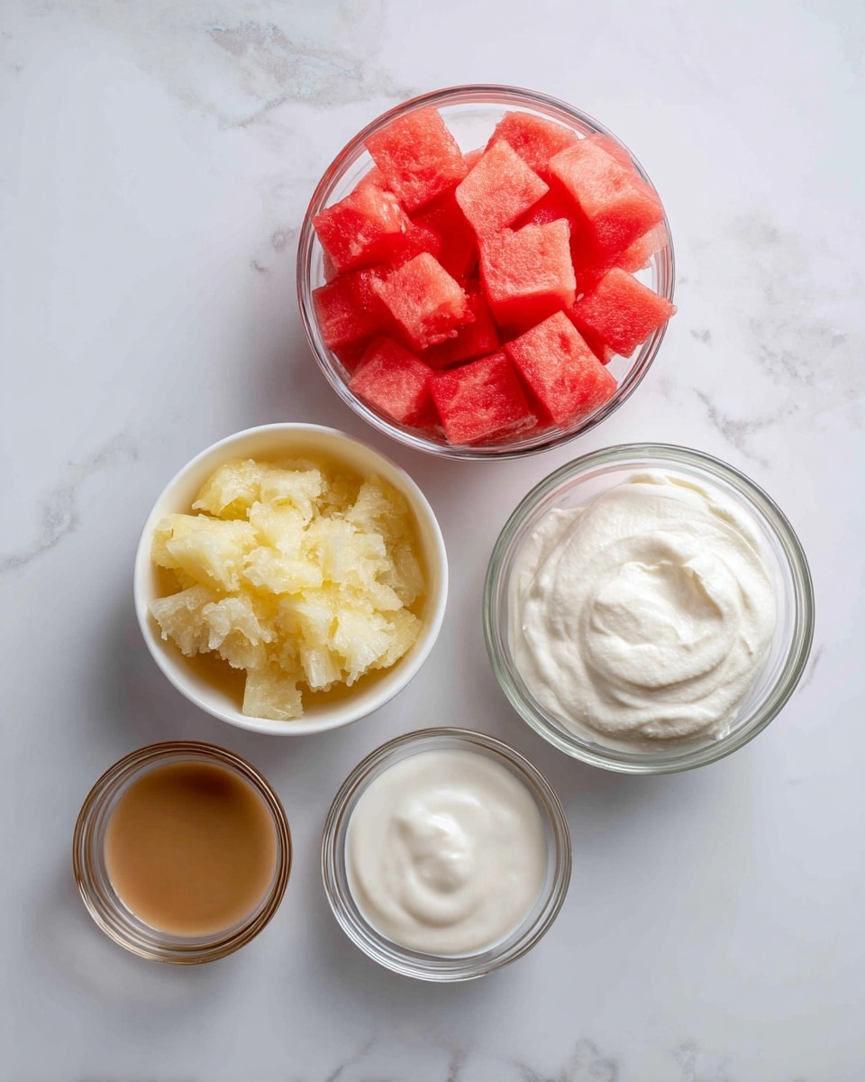 The image shows five small white dishes with different ingredients arranged on a white marbled surface. At the top center, there is a clear round bowl full of bright red cubes of watermelon with a juicy texture. Below that to the left, a white bowl holds a light yellow, fluffy mix of crushed pineapple. To the right of the pineapple is a clear round bowl with a thick layer of pure white creamy yogurt. Below these, there are two more clear small bowls, one with a light brown liquid and the other with a white liquid. All items are cleanly presented and spaced apart. photo taken with an iphone --ar 4:5 --v 7