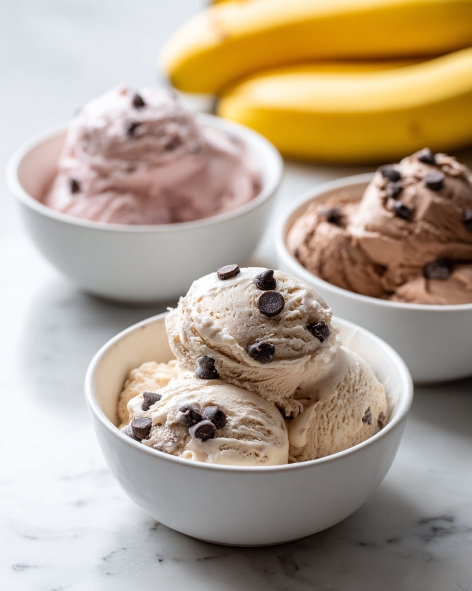 Three small white bowls each hold a different soft ice cream with a smooth and creamy texture, placed on a white marbled surface. The bowl closest to the camera has light beige ice cream with several dark chocolate drops scattered on top. Behind it to the left is a bowl of pale pink ice cream that appears slightly textured, also topped with dark chocolate drops. The third bowl to the right contains a brown ice cream that looks thick and swirled, with dark chocolate drops added on top. Bright yellow bananas are blurred in the background. photo taken with an iphone --ar 4:5 --v 7