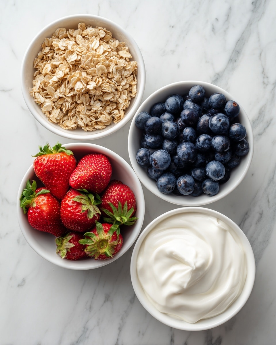 The image shows four white bowls arranged on a white marbled surface. The top left bowl is filled with light brown granola, showing a rough and crumbly texture. The top right bowl holds fresh blueberries, which are shiny and dark blue in color. The bottom left bowl contains bright red strawberries with green leaves, showcasing a smooth and slightly bumpy texture. The bottom right bowl is filled with white cream or yogurt, smooth and creamy in appearance. The bowls are set close to each other in a neat composition. Photo taken with an iphone --ar 4:5 --v 7