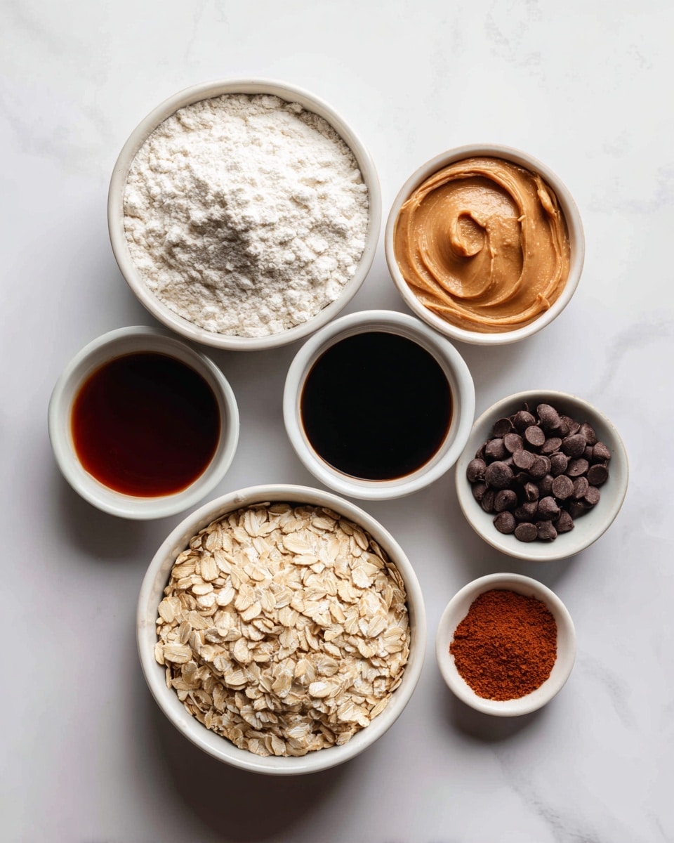 The image shows seven small white bowls placed on a white marbled surface, each filled with different ingredients. Starting from the top left, there is a bowl filled with white flour that has a soft, powdery texture. Next to it on the right is a bowl filled with smooth, light brown peanut butter with a shiny surface. Below the flour bowl to the right is a small bowl with dark chocolate chips, small and glossy. Below the peanut butter and chocolate chips is a medium white bowl filled with dark brown soy sauce, shiny and smooth. Below this bowl and to the left is a large white bowl full of light beige rolled oats, flat and rough textured. To the right of the oats, near the bottom right corner, is a tiny white bowl filled with a reddish-brown powder, very fine and soft. All bowls are neatly placed, and the surface underneath is clean and bright. photo taken with an iphone --ar 4:5 --v 7