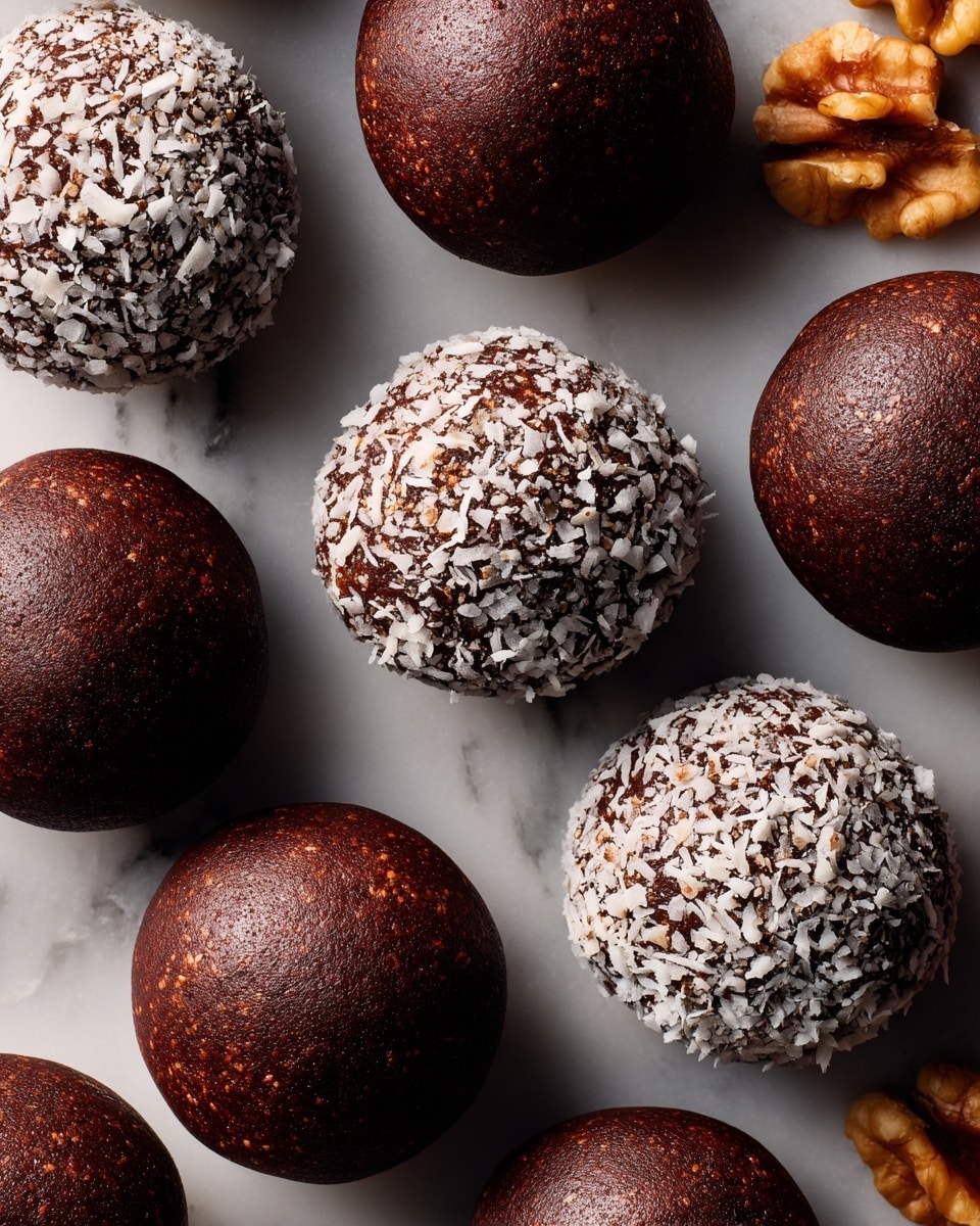 The image shows a close-up of round chocolate balls arranged closely together on a white marbled surface. Most of the balls are dark brown and smooth with a slightly shiny texture, while a few are coated with either finely chopped nuts or white shredded coconut flakes, giving them a rougher texture. Some chopped walnuts are visible near the top right corner, adding variety to the scene. The lighting highlights the textures with soft shadows, and the shot feels warm and inviting. Photo taken with an iphone --ar 4:5 --v 7