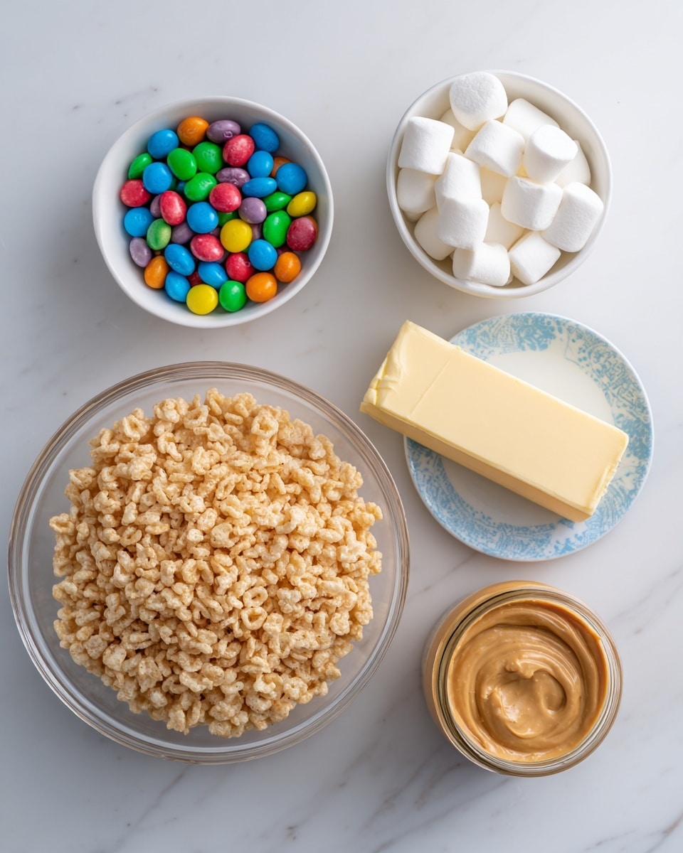 The image shows five bowls and a plate arranged on a white marbled surface. The biggest bowl is clear and filled with light-brown crispy rice cereal. To the top left, a small white bowl contains colorful round candies. Next to it, a medium-sized clear bowl holds small white marshmallows. A small white plate with a blue pattern has a thick rectangular piece of butter. Beside that is a small jar filled with light brown peanut butter inside. The items are neatly spaced, all on a clean white marbled background. Photo taken with an iphone --ar 4:5 --v 7