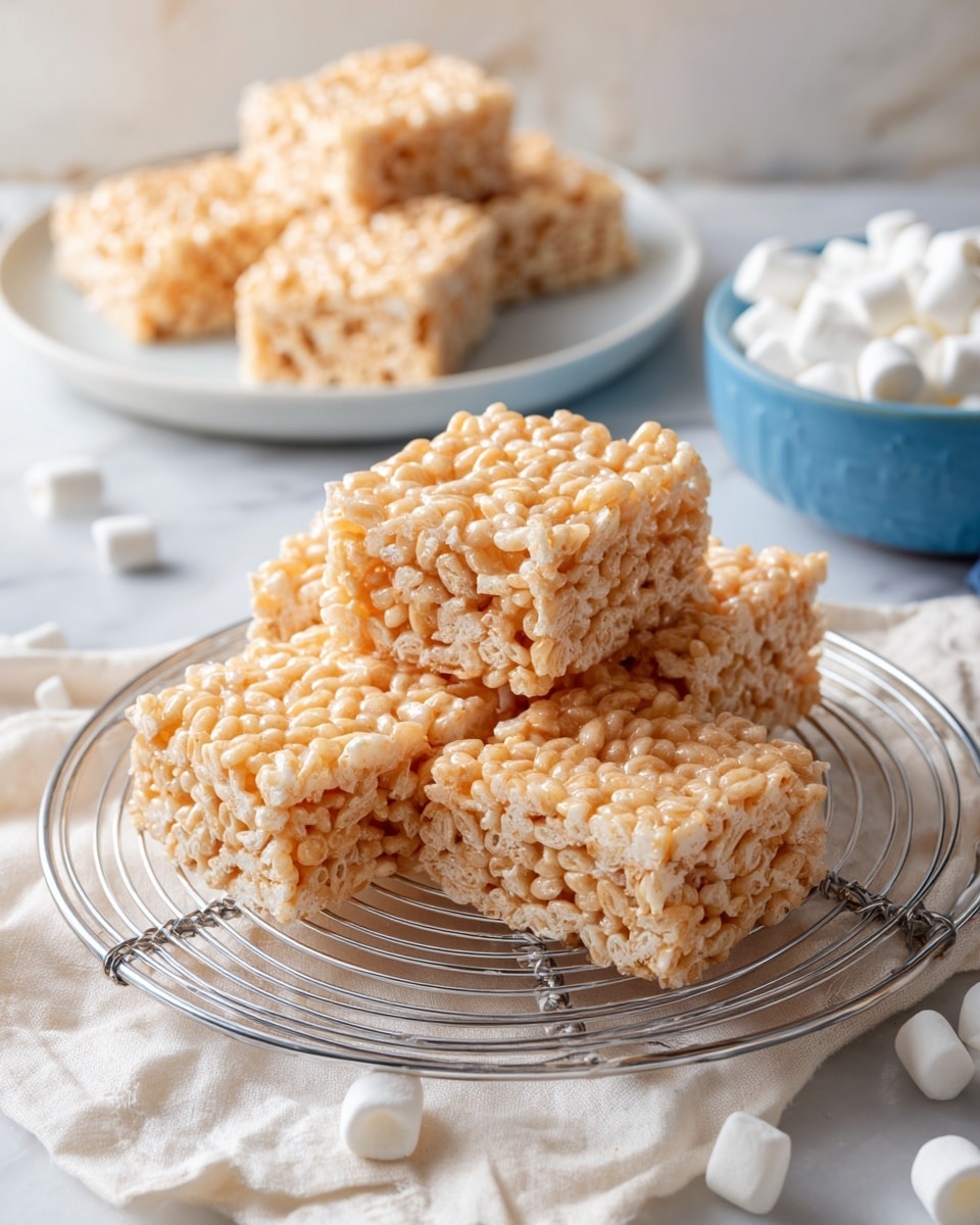 The image shows several square rice crispy treats placed on a metal round cooling rack. Each treat has a light golden color with a bumpy, airy texture made from puffed rice cereal held together by a sticky syrup layer. The treats are arranged casually, some stacked on each other, showing their thickness and edges clearly. In the background, there is a white plate with more crispy treats and a blue bowl filled with small white marshmallows, all set on a white marbled surface with a light cloth beneath the rack. The overall setting is bright and warm, emphasizing the crunchy texture of the treats. photo taken with an iphone --ar 4:5 --v 7
