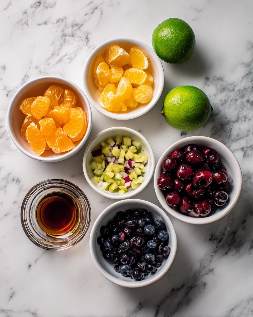 The image shows seven white bowls arranged on a white marbled surface. Each bowl contains a different fruit or ingredient: one has orange round slices stacked loosely, another with small yellow cubes piled neatly, a bowl with small red and white chopped pieces sits near the center, while a fourth bowl is filled with dark purple cherries. There is also a bowl with small light green chunks, another with small dark blue berries, and a small glass container filled with brown liquid placed near the edge. Two whole green limes rest on the marble surface just above the bowls. photo taken with an iphone --ar 4:5 --v 7