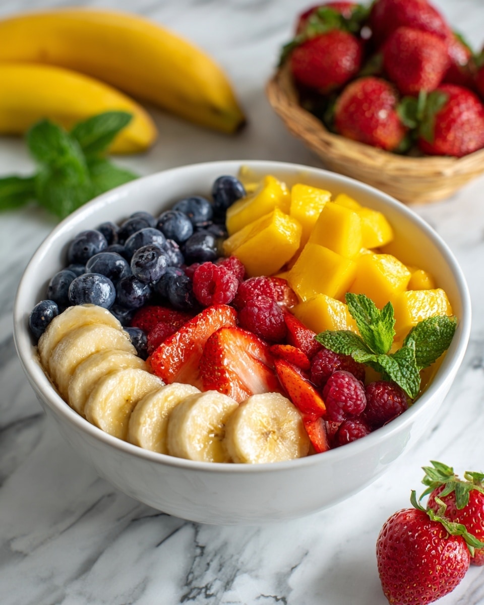 A white bowl filled with a colorful fruit salad sits on a white marbled surface. The salad has three main layers: the bottom layer is sliced bananas with a smooth creamy texture, the middle layer has chunks of bright yellow mango with a soft and juicy look, and the top layer is a mix of fresh blueberries, whole strawberries, and some red raspberries that add a shiny and slightly bumpy texture. There are small green mint leaves sprinkled on top, adding a fresh touch. The background features a basket of red strawberries and a yellow mango nearby. Photo taken with an iphone --ar 4:5 --v 7