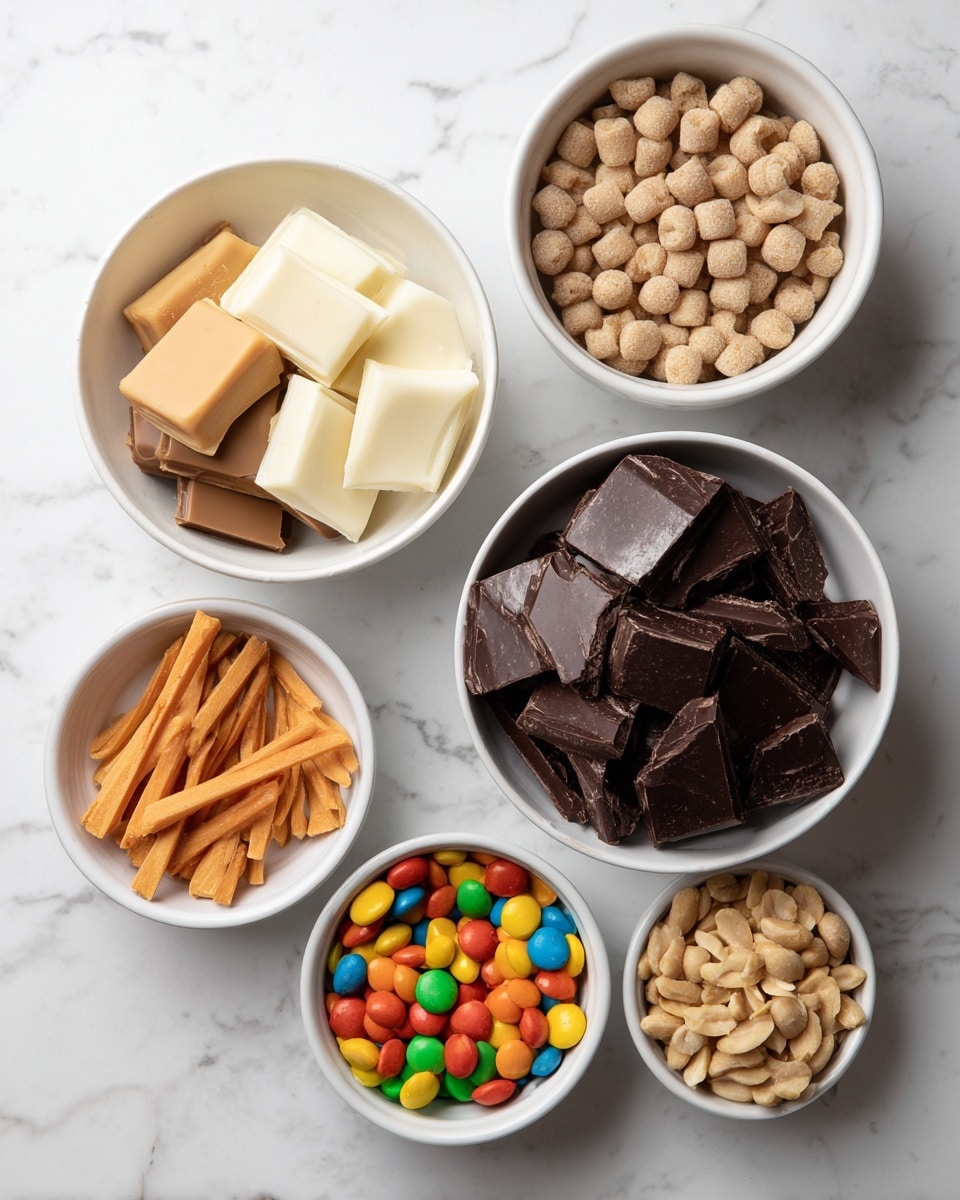 The image shows six white bowls on a white marbled surface, each filled with different ingredients. The largest bowl in the bottom right is full of dark chocolate pieces, shiny and smooth. To its left, a similar-sized bowl holds three types of melts: light brown, white, and creamy tan, layered closely together. Above these, a medium bowl is filled with light brown round pieces, looking like some kind of grain or cereal. On the left side, a smaller bowl contains thin orange-brown sticks, and next to it, another small white bowl holds colorful round candies. In the center, a small bowl is filled with peanuts, light tan in color. The bowls are neatly arranged, creating a balanced and neat layout. photo taken with an iphone --ar 4:5 --v 7