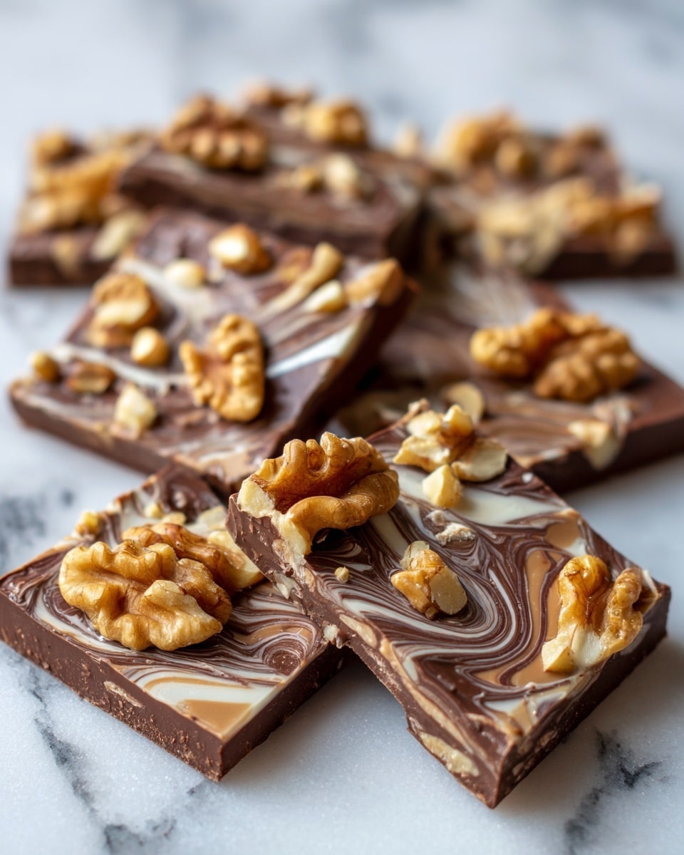 The image shows several pieces of chocolate bark arranged on a white marbled surface. The bark has two clear layers – a dark brown base with a smooth texture, topped with a milk chocolate layer that is lighter brown, swirled gently to create a mix of colors. Scattered on top of the milk chocolate layer are whole and chopped walnuts with a rough, uneven texture and a light brown color, adding a crunchy look. The pieces are cut into irregular squares and rectangles, some overlapping each other. photo taken with an iphone --ar 4:5 --v 7