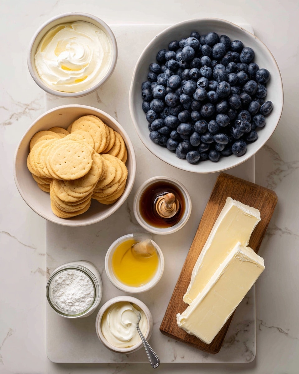 The image shows several small white bowls and a small wooden board placed on a white marbled surface. There is a large bowl filled with many fresh blueberries at the top right. Below it, a small wooden board holds two rectangular blocks of cream cheese. At the bottom left, there is a bowl filled with many round yellow cookies. Around these main items are smaller bowls and jars with white powder, melted yellow butter, honey, white cream, milk, and white cream cheese with a spoon. The colors in the image include light yellow, white, creamy tones, and deep blue from the blueberries, all arranged neatly. photo taken with an iphone --ar 4:5 --v 7