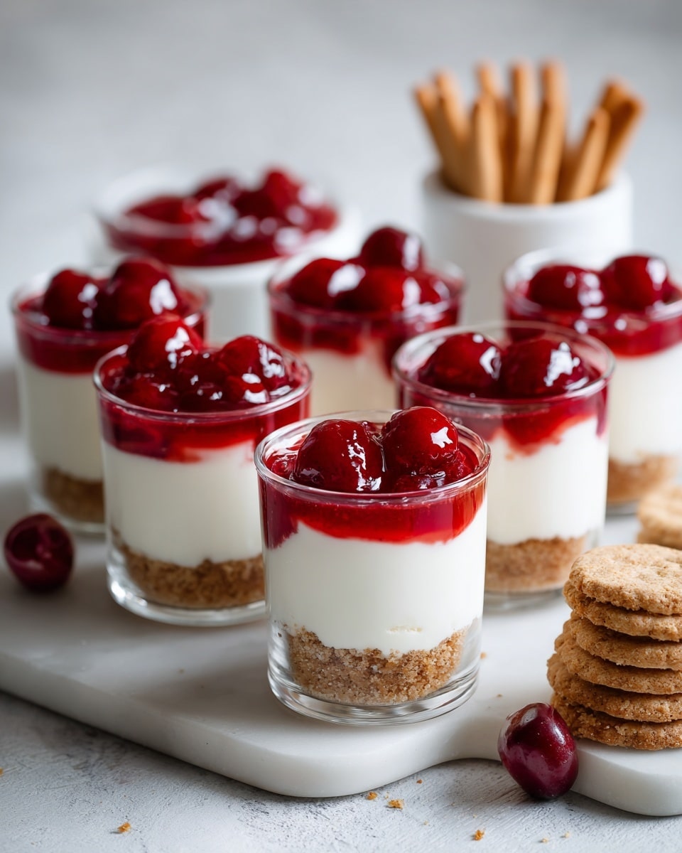 The image shows six clear glass dessert cups on a white marbled surface. Each cup has three layers: the bottom layer is a crumbly light brown crust, the middle layer is smooth and creamy white filling, and the top layer is bright red cherry topping with a shiny texture. Some cups have full cherry pieces on top, while others look just creamy with a little topping. Behind the cups, there is a small white bowl filled with extra bright red cherry topping and some biscuit sticks stacked horizontally. The whole scene looks neat and clean with soft natural light. Photo taken with an iphone --ar 4:5 --v 7
