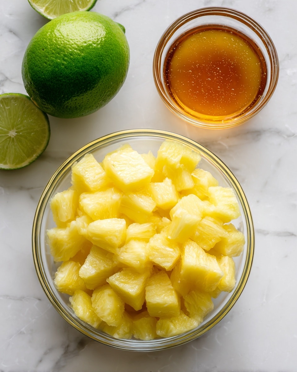 The image shows a clear glass bowl filled with small, yellow pineapple chunks placed on a white marbled surface. To the left of the bowl is a whole green lime and a small glass bowl with amber-colored honey. The colors are bright and fresh, with the rough texture of the pineapple pieces clearly visible. The scene looks simple and clean, with soft natural light highlighting the textures and colors. photo taken with an iphone --ar 4:5 --v 7