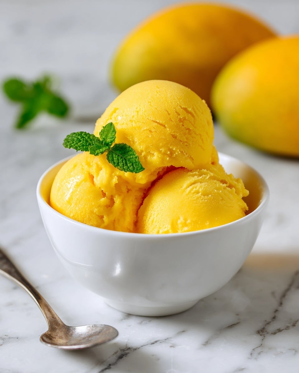 The image shows a small white bowl filled with three scoops of bright yellow mango sorbet, with smooth and slightly icy textures. A small green mint leaf is placed on top of the scoops for decoration. The bowl sits on a white marbled surface, and in the background, there are two yellow mangoes slightly out of focus. A spoon is placed next to the bowl, adding a simple touch to the setting. Photo taken with an iphone --ar 4:5 --v 7