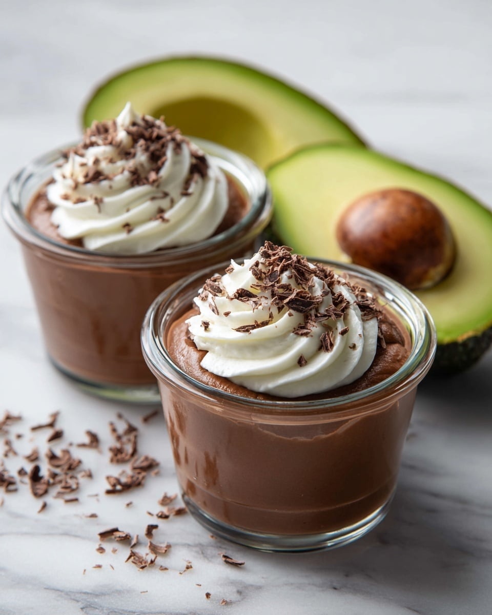 The image shows two small clear glass jars filled with smooth chocolate mousse, each topped with a swirl of white whipped cream sprinkled lightly with chocolate shavings. Behind the jars, there are two halves of a green avocado, one with the large brown pit in the center and the other with the pit removed, placed on a white marbled surface. The jars are close to each other, with the front one slightly to the right, capturing the rich, creamy texture of the mousse and the fresh look of the avocado halves. Photo taken with an iphone --ar 4:5 --v 7