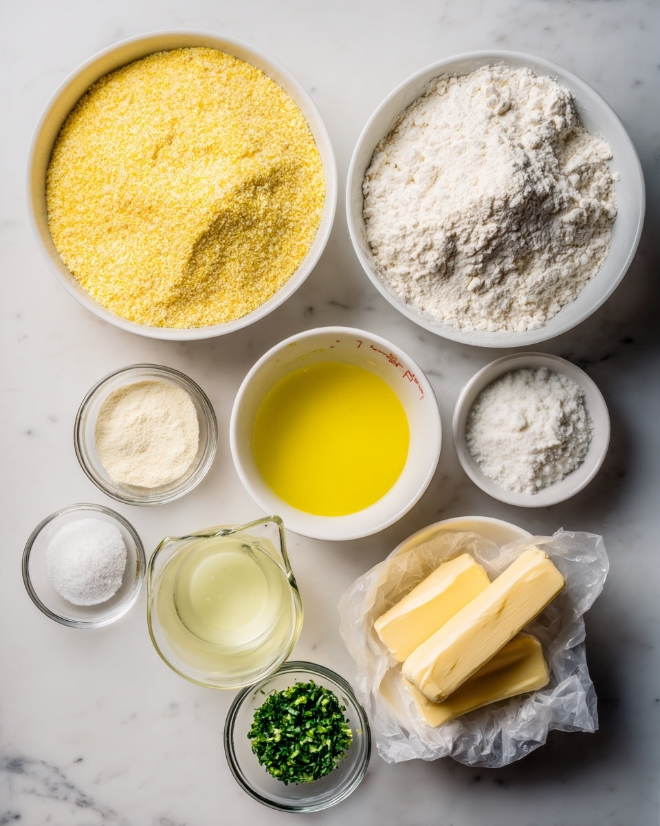 The image shows various ingredients placed neatly on a white marbled surface. There is a large white bowl filled with yellow grainy cornmeal, a medium white bowl with white flour, a smaller white bowl with a bright yellow liquid, likely melted butter or oil, and a glass measuring cup with pale yellow liquid, probably eggs or juice. There are also two small glass bowls with white and clear powders or liquids, a small bowl with finely chopped green herbs, and two wrapped sticks of butter resting on the surface. The items are arranged in a slightly curved layout, with the cornmeal bowl positioned at the top left and the butter sticks at the bottom right. Photo taken with an iphone --ar 4:5 --v 7