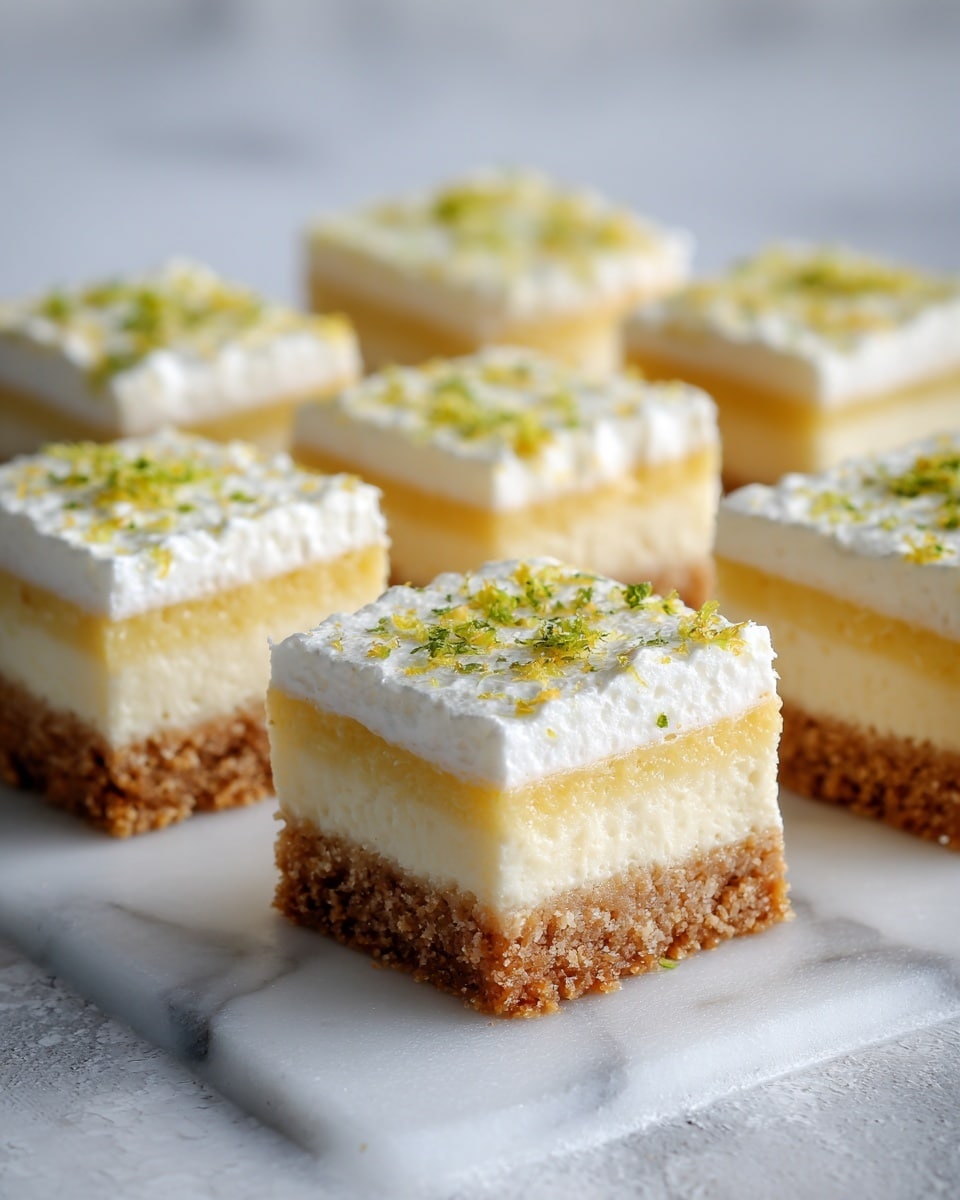 The image shows six small square pieces of a layered dessert placed neatly on a white marbled surface. Each piece has three distinct layers: a crumbly light brown base, a thick creamy yellow middle layer, and a fluffy white top layer with small green zest sprinkles. The dessert squares are arranged in two rows, slightly spaced apart. Soft natural light comes from the left, casting faint shadows and highlighting the smooth texture of the cream layers and the crumbly base. The background is softly blurred with a clean white marbled texture, keeping the focus on the dessert pieces. Photo taken with an iphone --ar 4:5 --v 7