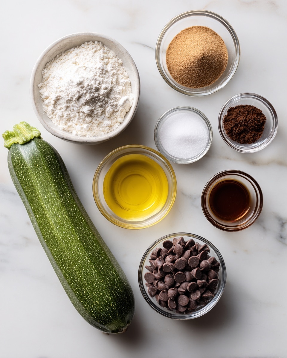 The image shows seven different small glass bowls and one large green zucchini placed on a white marbled surface. The bowls contain different baking ingredients: one bowl with white flour, another with light brown sugar, a third with small dark cocoa powder, a fourth with clear white granulated sugar, a fifth with yellow liquid, a sixth with dark brown liquid, and the seventh bowl filled with round dark chocolate chips. The zucchini is placed at the bottom of the image, slightly angled. Photo taken with an iphone --ar 4:5 --v 7