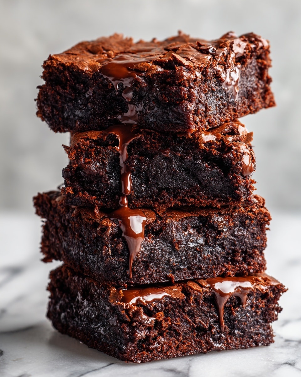 A stack of four rich, dark brown brownies is shown in the center, each layer thick and moist with a slightly crumbly texture. The top brownie has a shiny, melted chocolate drizzle that drips slightly down the sides of the stack. The brownies have small, uneven cracks on the surface, showing their dense, fudgy inside. The background is a white marbled texture, and the overall look is warm and inviting. photo taken with an iphone --ar 4:5 --v 7