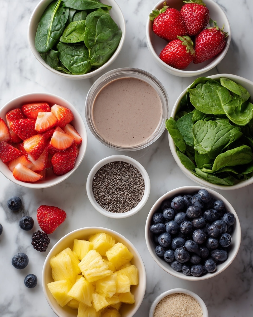 The image shows several white bowls placed on a white marbled surface. One bowl contains light brown juice, another has bright red sliced strawberries, a third holds green lettuce leaves, one more has fresh spinach, and another bowl is filled with yellow pineapple chunks. One bowl is filled with round, dark blueberries, while a small bowl contains seeds and a small amount of light-colored powder next to it. The bowls are arranged next to each other in a loose grid with some loose berries around. Photo taken with an iphone --ar 4:5 --v 7