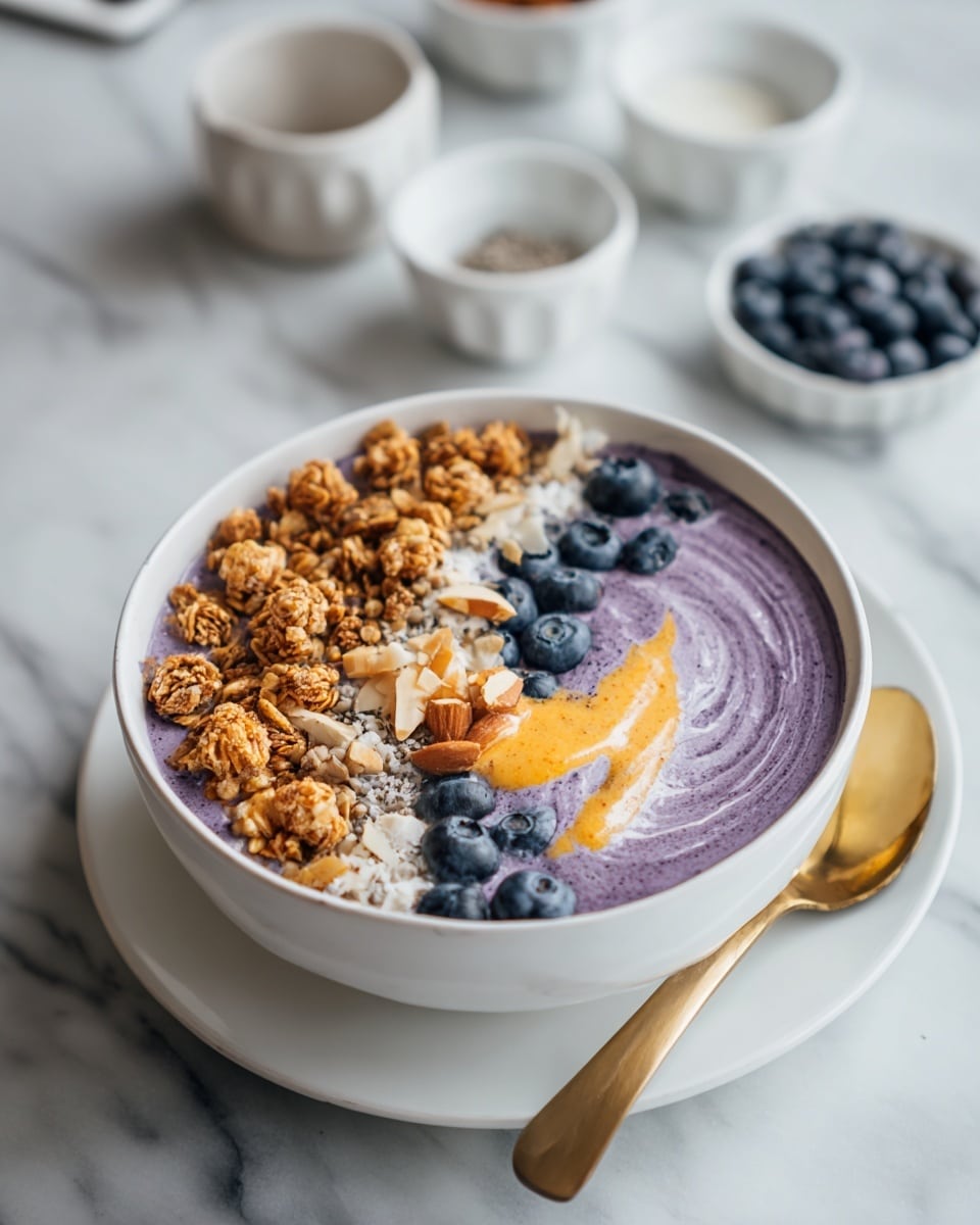 A white bowl filled with a purple smoothie base, topped with layers of granola on the left side, fresh blueberries scattered on the right side, a small serving of orange-colored sauce or cream in the center, and a few pieces of almond nuts placed near the top middle, all sitting on a white plate with a gold spoon on the right side. The background is a white marbled texture with small white bowls and containers blurred in the back. Photo taken with an iphone --ar 4:5 --v 7