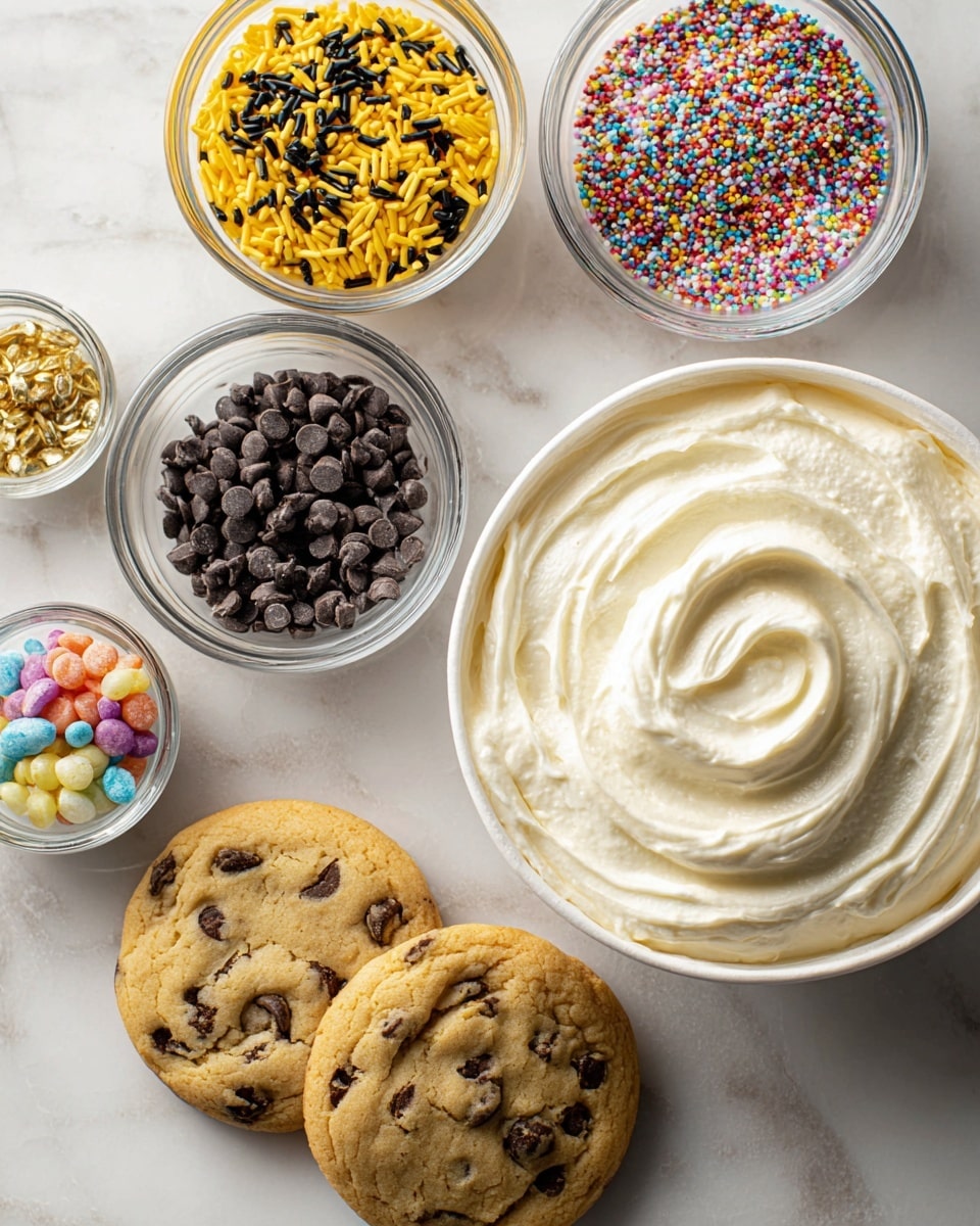The image shows a white marbled surface with four small glass bowls in the upper part, each filled with different toppings: yellow and black sprinkles, small black beads, and colorful small candy pieces. Below the bowls are two round cookies with chocolate chips, placed next to a white container filled with smooth, creamy white frosting, slightly swirled on top. Photo taken with an iphone --ar 4:5 --v 7