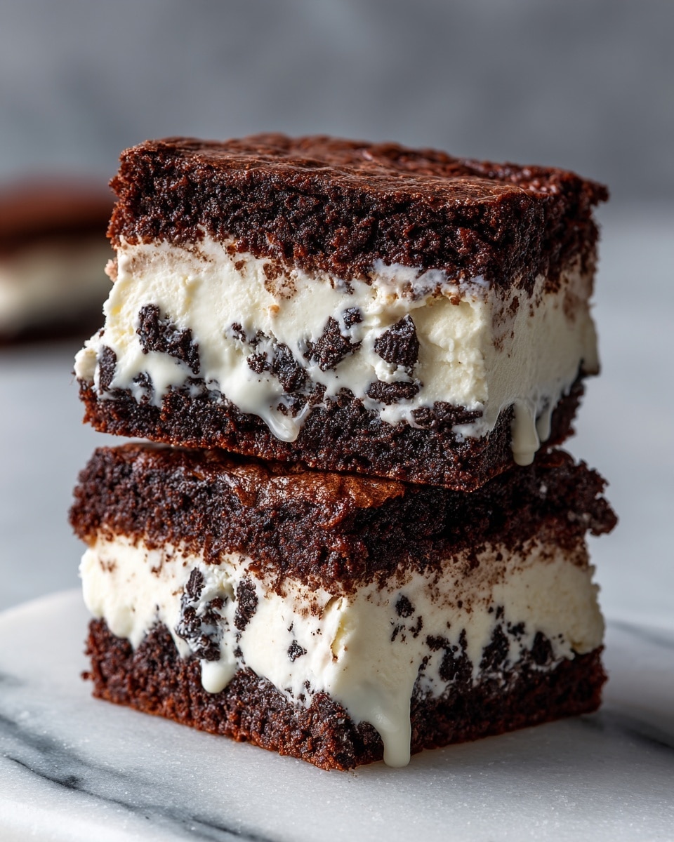 A close-up image of two stacked ice cream sandwiches on a white marbled surface. Each sandwich has three layers: a top and bottom layer of thick, dark brown chocolate brownie with a rough, crumbly texture, and a middle layer of thick, creamy white ice cream with small black chocolate chunks spread evenly inside. The edges of the ice cream layer slightly melt and drip down the sides, contrasting with the firm brownies. The background is blurred, with a soft gradient of grey tones, highlighting the dessert's rich textures and colors. photo taken with an iphone --ar 4:5 --v 7