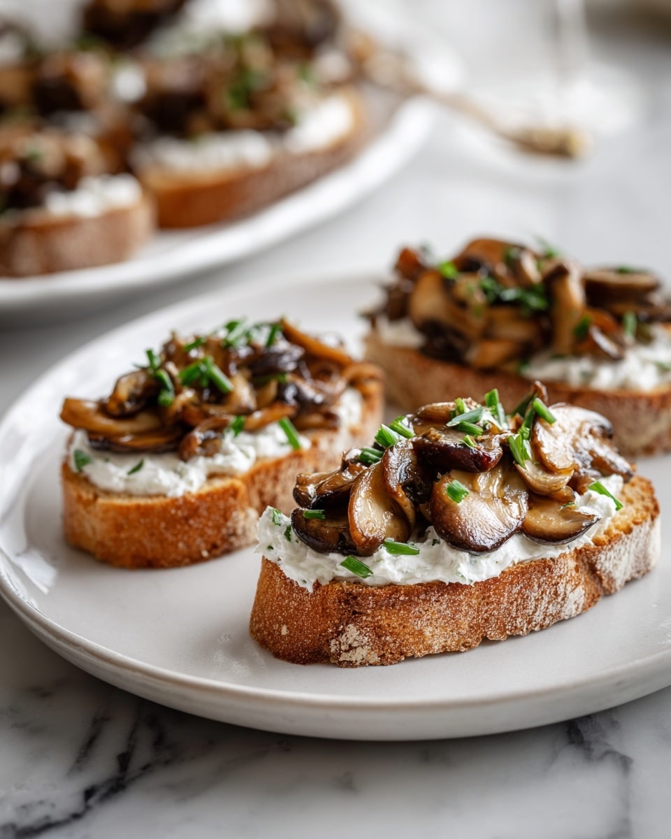 Three slices of toasted bread sit on a white plate with a white marbled surface underneath. Each slice is topped with a layer of white creamy spread, followed by a generous amount of sautéed brown mushroom pieces arranged unevenly. Small green herb pieces, likely chives, are sprinkled on top of the mushrooms. In the background, a white oval platter holds more of these mushroom toasts, slightly out of focus, creating depth in the image. The lighting is natural and soft, making the textures of the bread crust, creamy spread, and mushrooms stand out clearly. photo taken with an iphone --ar 4:5 --v 7