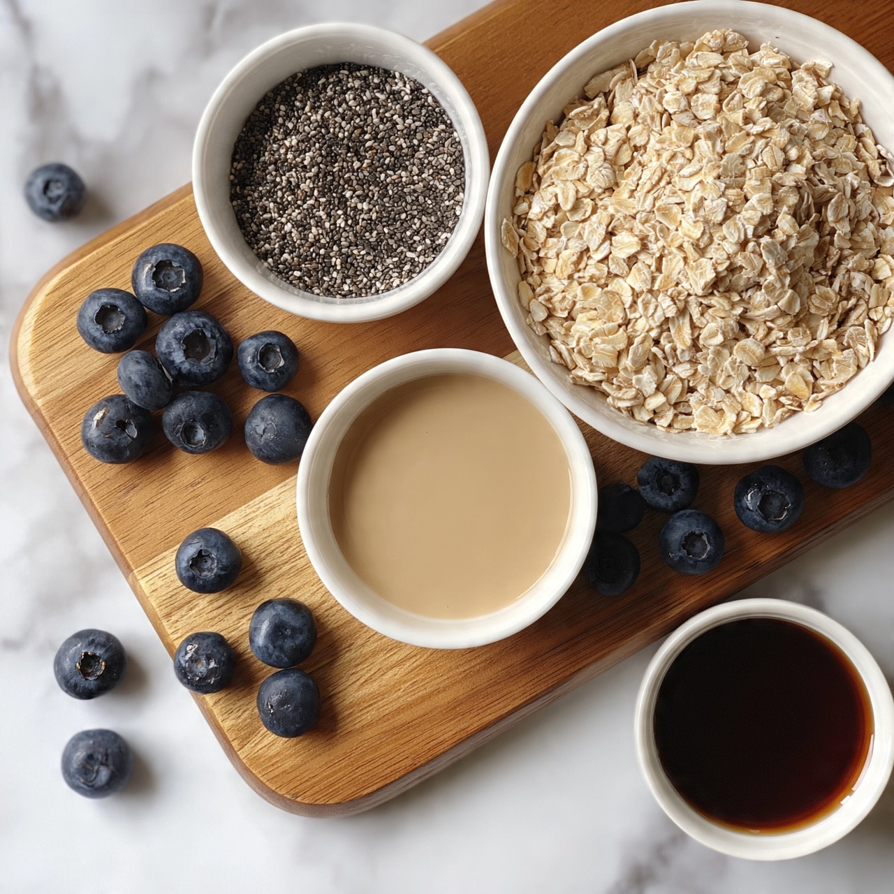 square image The image shows a white bowl filled with light brown rolled oats placed on the right side of a wooden cutting board. Next to it, in a small white bowl, is a smooth beige-colored liquid, while above it another white bowl contains small black and white chia seeds. At the bottom right corner of the board, a small white bowl holds a dark brown liquid, likely syrup. Scattered around the board and surface are fresh dark blue blueberries with a slight shine, all set against a white marbled background. Photo taken with an iphone --ar 4:5 --v 7