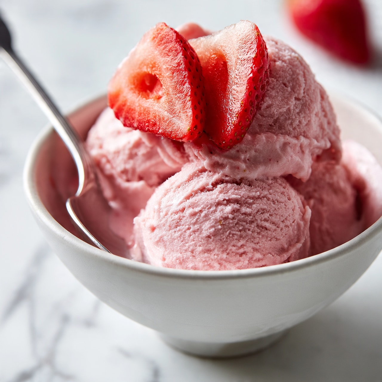 square image The image shows a white bowl filled with three scoops of pink strawberry ice cream, each scoop smooth and creamy in texture. On top of the ice cream are two fresh strawberry slices, bright red with visible seeds and a juicy interior. A shiny silver spoon rests inside the bowl, partially covered by the ice cream. The bowl is placed on a white marbled surface with a soft blurred strawberry seen in the background. Photo taken with an iphone --ar 4:5 --v 7