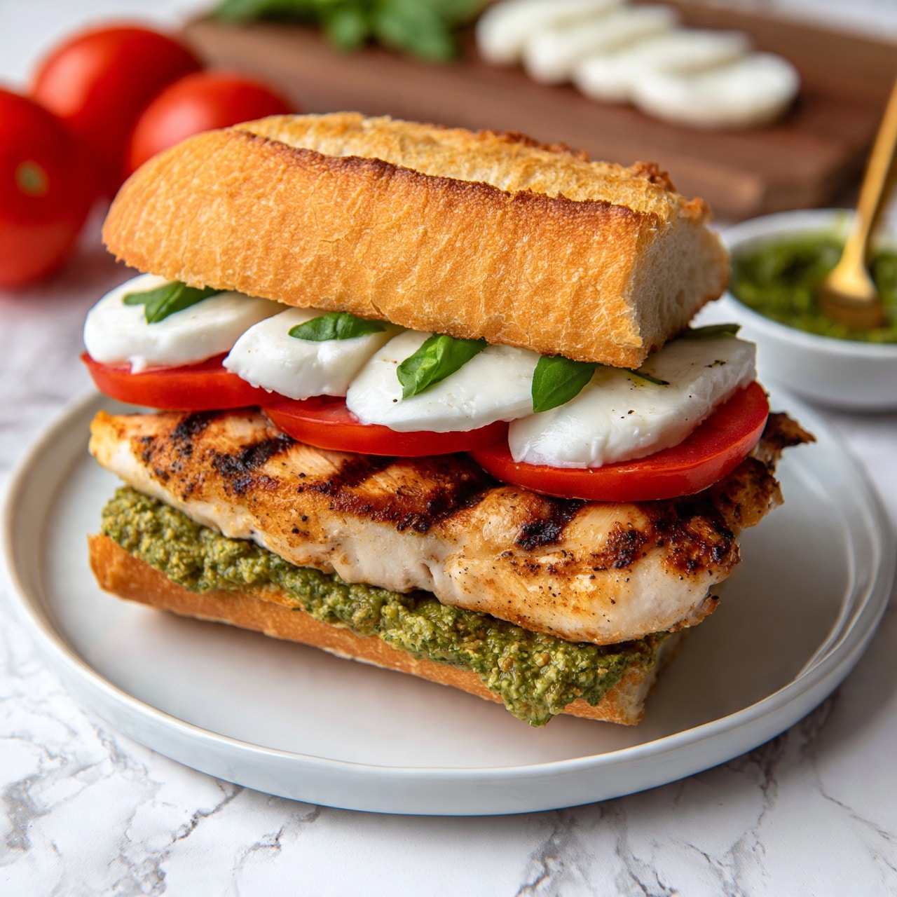 square image A sandwich is placed on a white plate with a white marbled surface underneath. The sandwich has three visible layers inside a toasted baguette cut horizontally. The bottom layer is green pesto spread, textured and creamy. Above it is a grilled piece of chicken with browned grill marks, showing a slightly charred texture. On top of the chicken are alternating slices of white mozzarella cheese and red tomato, each topped with small green basil leaves. The top baguette piece is golden and crunchy. Surrounding the plate, there are three red tomatoes, a small white bowl with green pesto and a gold spoon, and a wooden board in the background holding extra mozzarella slices and basil leaves. Photo taken with an iphone --ar 4:5 --v 7