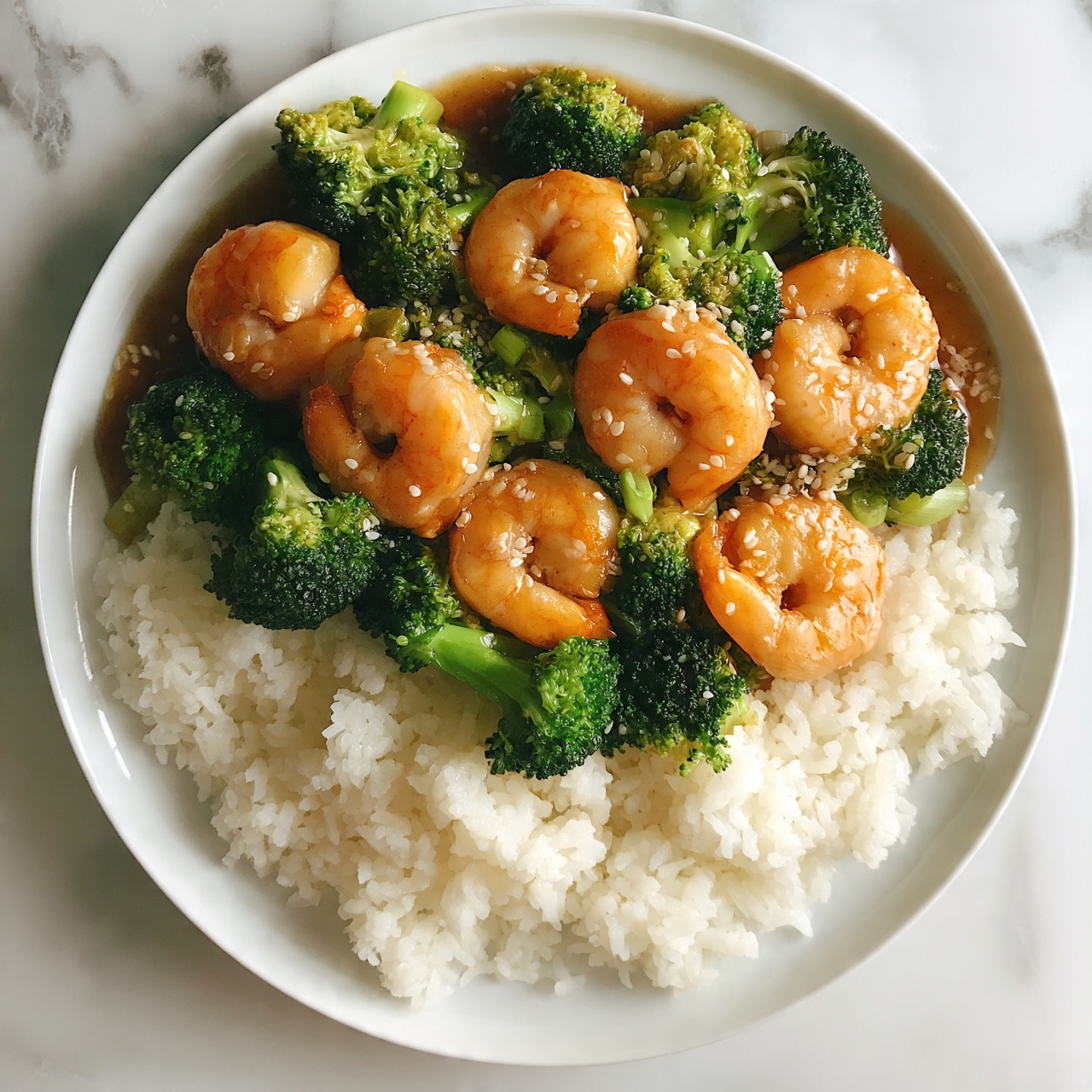 square image This image shows a dish with two main layers on a white plate resting on a white marbled background. The bottom layer is white cooked rice with a soft and fluffy texture, spread evenly to cover half the plate. On top, there is a stir-fry mix of bright orange shrimp and vibrant green broccoli florets, coated in a shiny brown sauce. The shrimp have a smooth, slightly curved shape, while the broccoli looks crisp with small buds and stems. Tiny pieces of green onions are scattered throughout the stir-fry. The dish is sprinkled with white sesame seeds, adding a bit of texture and contrast. Photo taken with an iphone --ar 4:5 --v 7