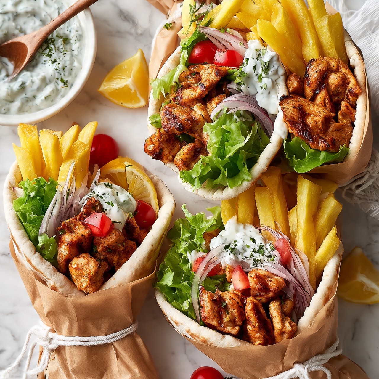 square image Three stuffed pita wraps are placed on a white marbled surface, each wrapped with brown paper tied with white string around their base. Each wrap has layers starting with grilled chicken pieces that are brown with char marks, fresh green lettuce leaves, thin slices of red onion, small red tomato chunks, and a dollop of white sauce with herbs. Golden yellow French fries stick out from the top and side of the wraps. Lemon wedges and some small red tomatoes are placed among the fries. A white bowl with a wooden spoon filled with creamy herb sauce is visible in the upper left corner. The overall setting is bright and colorful, photo taken with an iphone --ar 4:5 --v 7