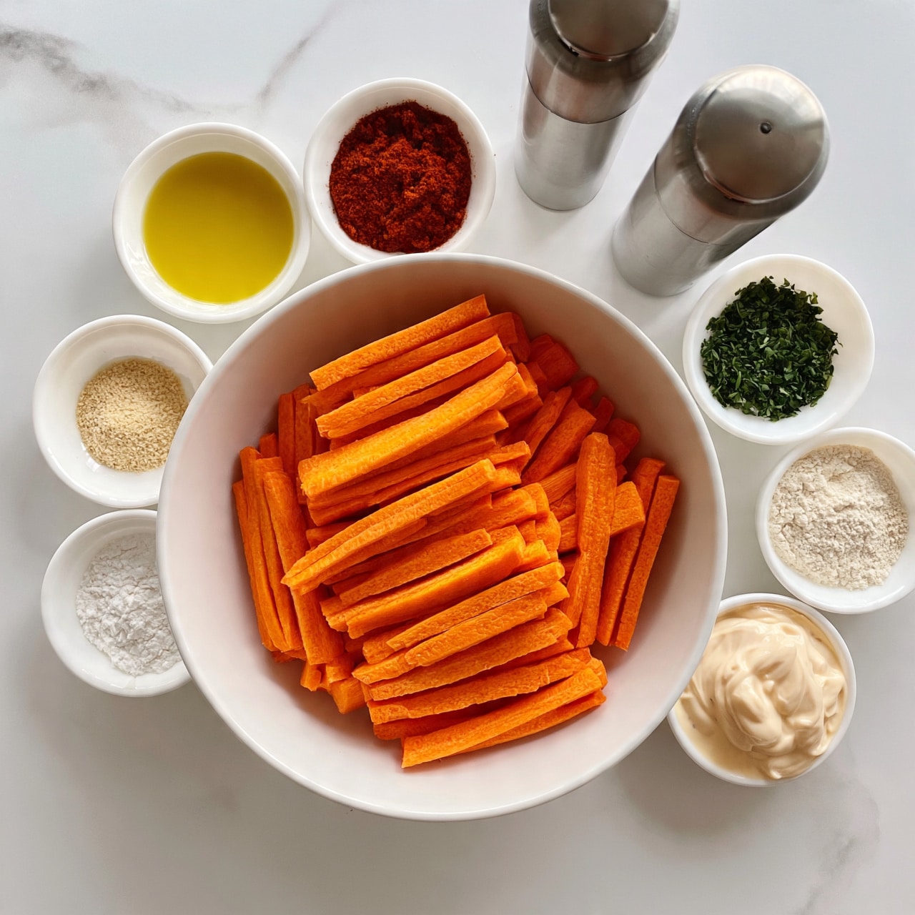 square image A large white bowl filled with bright orange carrot sticks, cut into long, thin layers, is placed at the center on a white marbled surface. Surrounding the bowl are several small white dishes holding different ingredients: pale yellow olive oil, dark red paprika powder, light beige garlic powder, chopped green herbs, fine white flour, and a thick light beige mayo-like sauce. Two tall salt and pepper shakers with metal tops are also set near the bowls. Everything is arranged neatly with clear, smooth textures and vivid colors. Photo taken with an iphone --ar 4:5 --v 7