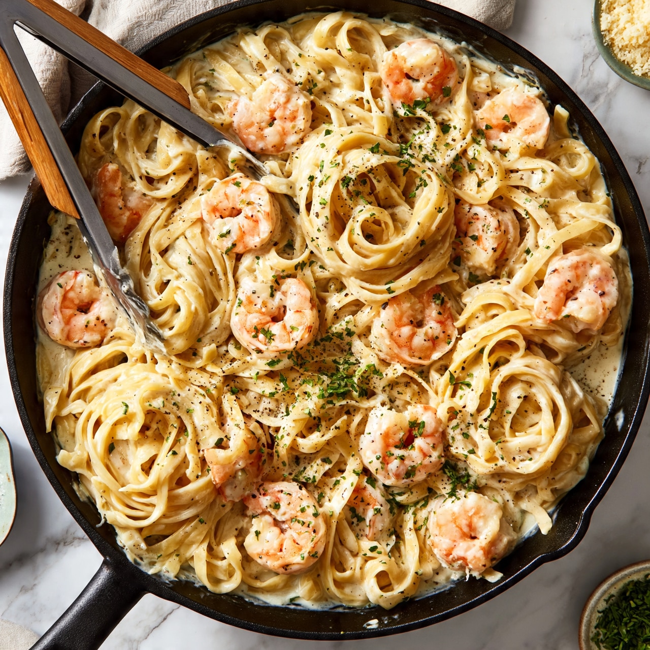 square image A black skillet filled with creamy fettuccine pasta mixed with medium-sized pink shrimp, all coated in a white creamy sauce. The pasta is twisted into loose nests, and there is a light sprinkle of finely chopped green herbs on top. Some black pepper is scattered over the dish, adding detail to the creamy sauce. Two wooden and metal tongs rest inside the skillet on the pasta. The skillet is placed on a white marbled surface with a folded cloth partially visible in the background, along with small bowls of grated cheese and herbs at the edges. Photo taken with an iphone --ar 4:5 --v 7