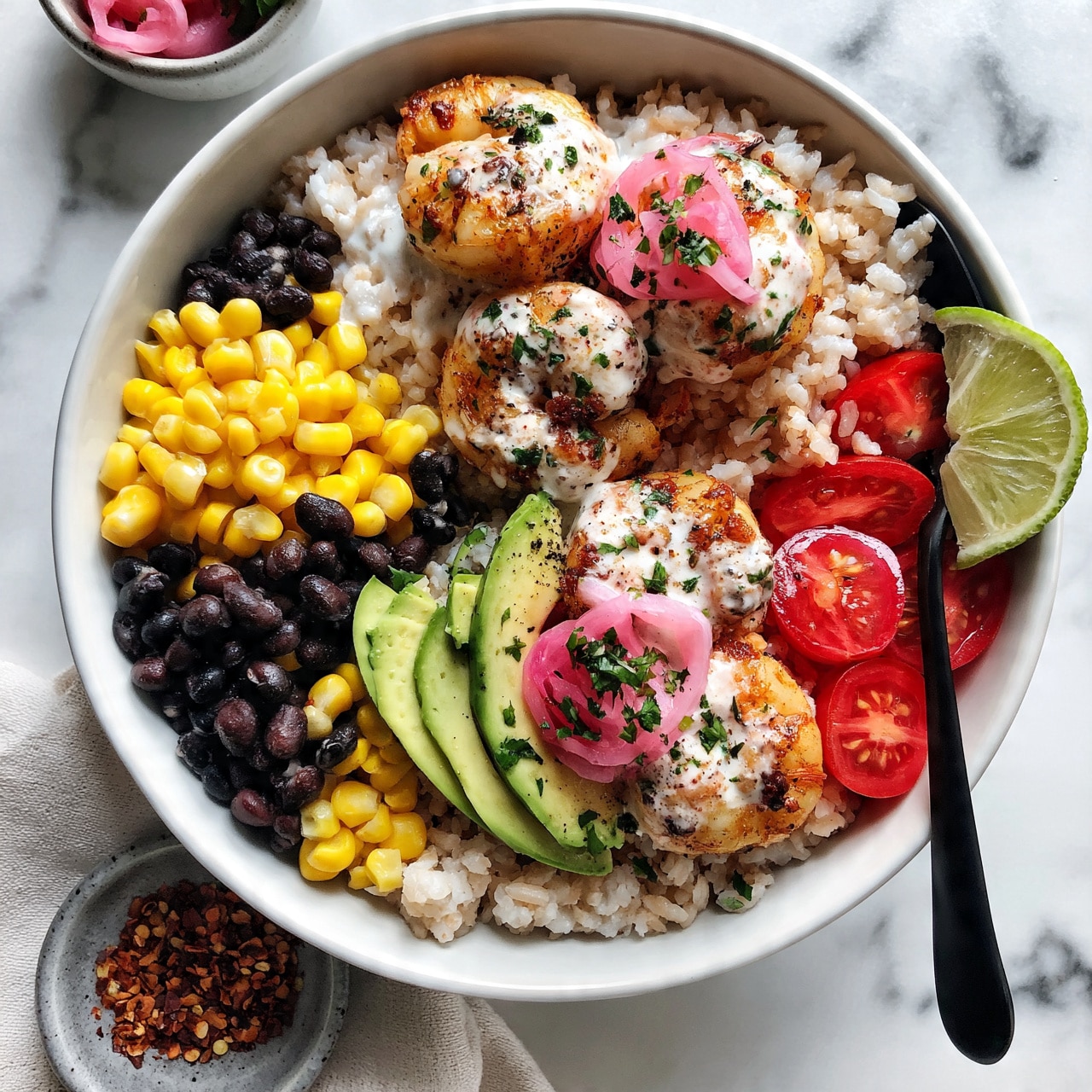 square image Two white bowls on a white marbled surface each hold a colorful shrimp bowl. Each bowl has a base layer of light brown rice, topped with bright yellow corn kernels and black beans on one side. There are slices of green avocado and bright red cherry tomato halves beside the beans. On top of the rice, there are cooked shrimp covered lightly with a white sauce. One bowl has a lime wedge on the edge. Both bowls are garnished with pink pickled onions and chopped green herbs. A small gray bowl with red chili flakes is nearby on a light cloth. A black spoon rests inside one of the bowls. Photo taken with an iphone --ar 4:5 --v 7