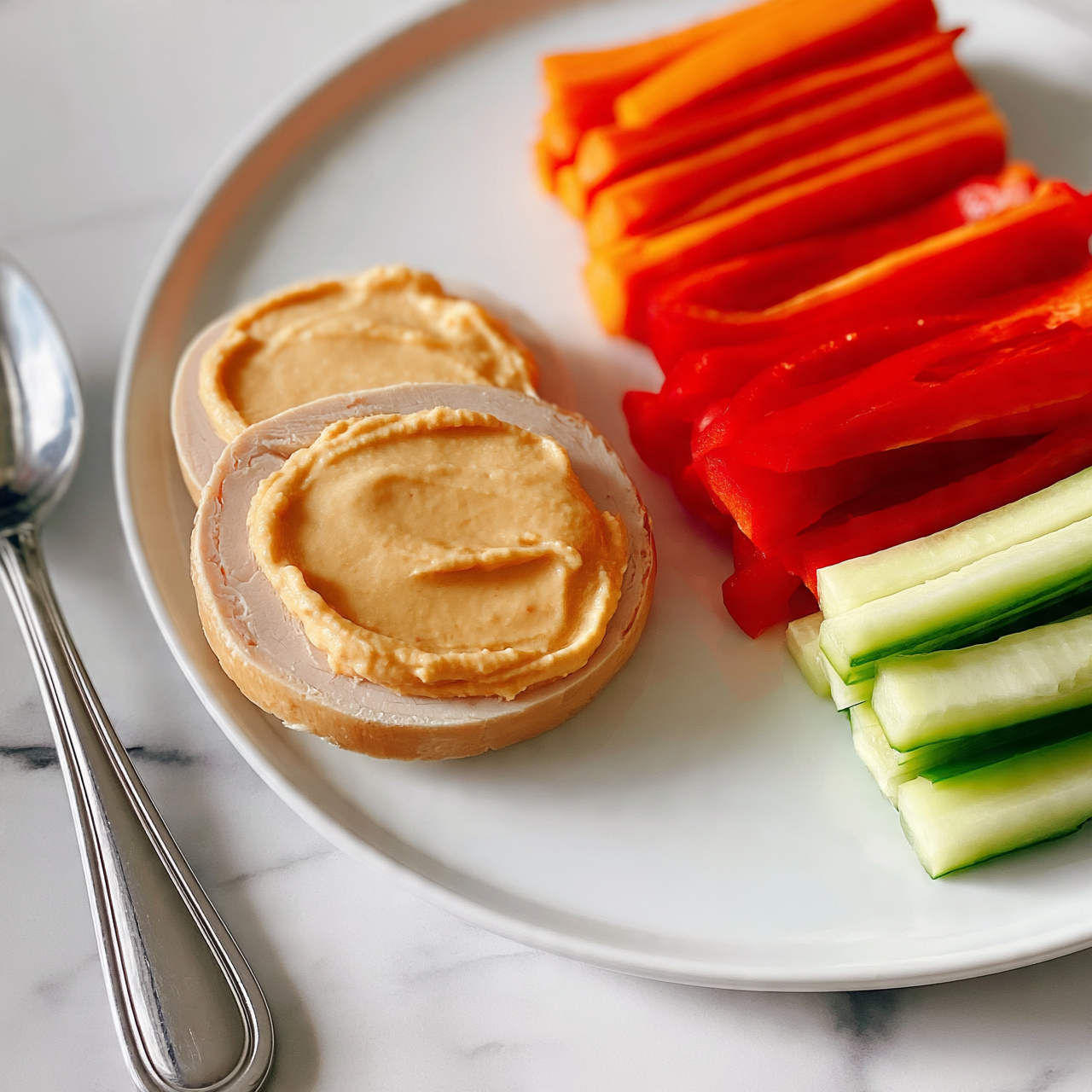 Turkey Hummus Roll Recipe 4 square image Two round slices of light tan turkey with a smooth layer of pale orange hummus spread on top are placed on a white marbled surface in the center left of the image. To the right of the turkey, there are three piles of sliced vegetables: bright orange carrot sticks, vibrant red bell pepper strips, and light green cucumber sticks, all neatly arranged in parallel groups. On the far left side of the image, there is a silver metal spoon resting on the white marbled surface. The background is clean and smooth with no other items visible. Photo taken with an iphone --ar 4:5 --v 7