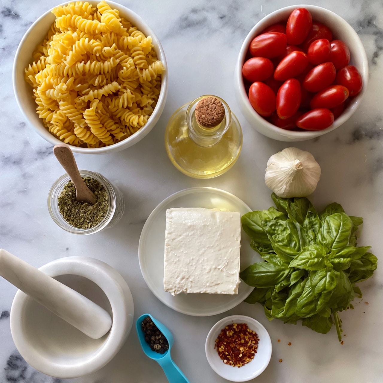 square image The image shows several ingredients arranged neatly on a white marbled surface. At the top left, there is a white bowl filled with uncooked yellow spiral pasta. To the right, there is another white bowl full of red cherry tomatoes. Below the pasta, a small clear jar holds dried green herbs with a wooden spoon resting on top. To the right of this jar is a round bottle filled with light yellow olive oil and sealed with cork. Further right, a whole bulb of garlic rests on the surface. Below the jar and oil, a white plate holds a large square block of white cheese. To the right of the cheese, a bunch of fresh green basil leaves adds a pop of color. At the bottom left, a white mortar and pestle stand on the surface, next to a blue measuring scoop with black pepper inside. Finally, below the basil, a small white dish contains some red chili flakes. photo taken with an iphone --ar 4:5 --v 7