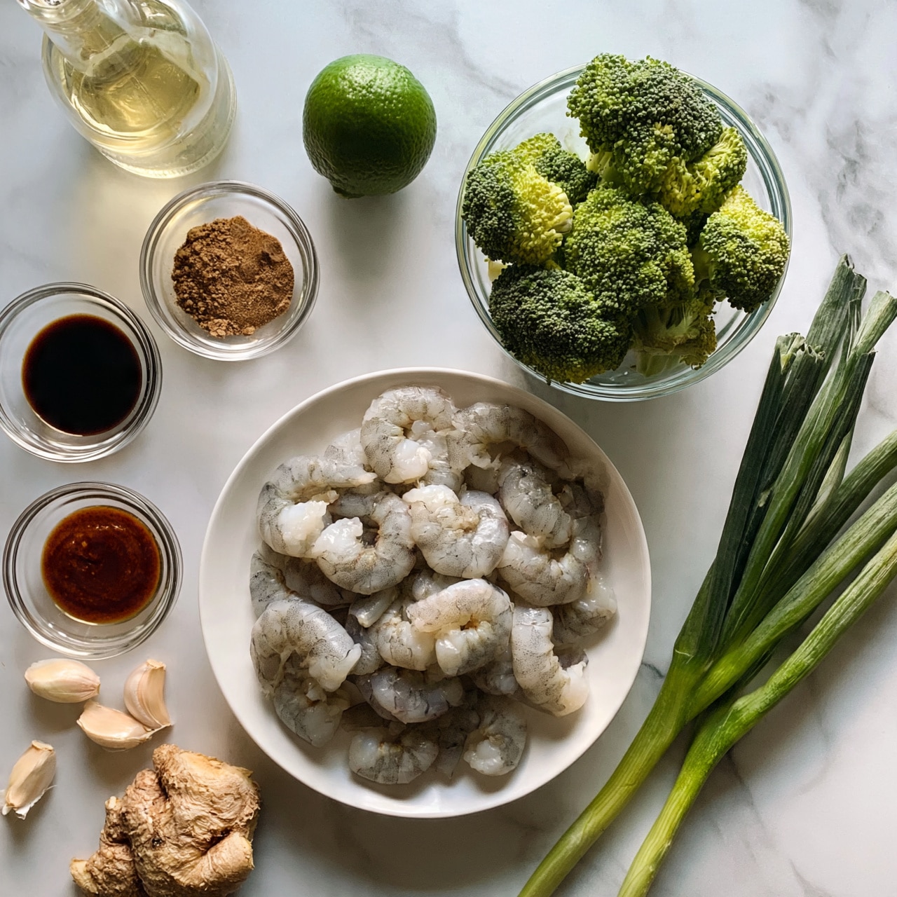 square image The image shows a top-down view of various cooking ingredients arranged neatly on a white marbled surface. In the center, there is a white plate filled with peeled raw shrimp that have a light grayish-white color. To the right, a clear glass bowl holds fresh, green broccoli florets, and next to it, there are several stalks of green onions with dark green tops leaning slightly to the right. On the left side, smaller clear glass bowls contain different sauces and powders: a dark soy sauce, a reddish-brown sauce, and a brown spice, alongside a few peeled garlic cloves and a piece of fresh ginger root near the bottom left. At the top left, there is a glass bottle with a light yellow oil, and a whole green lime sits near the top center. The overall setting is clean and organized, with all the ingredients clearly visible for preparing a dish. photo taken with an iphone --ar 4:5 --v 7