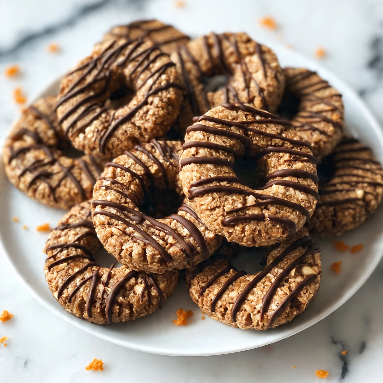 square image The image shows a white plate filled with round, ring-shaped cookies that have a brown, nutty texture with visible small pieces inside. Each cookie has thin, dark chocolate lines drizzled evenly across the top in horizontal stripes. The cookies are stacked slightly on top of each other, giving a layered look. The background is white marble with a clean and smooth texture. There are some small orange crumbs scattered around the plate and on the marble surface. Photo taken with an iphone --ar 4:5 --v 7
