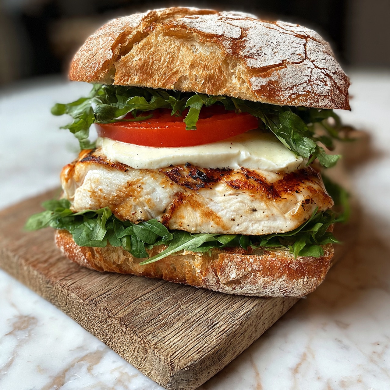square image The image shows a sandwich with four layers on a rustic wooden board placed over a white marbled surface. The bottom layer is a crispy, golden-brown sandwich bun with visible flour dusting. On top of that is a layer of fresh green arugula leaves, followed by a thick piece of grilled chicken with light brown grill marks and a slightly charred texture. Above the chicken is a smooth, creamy layer of white cheese, and then a slice of bright red tomato. Finally, more fresh arugula forms the top layer just beneath the top bun, which is cracked and crusty with a golden-brown color and a lightly floured texture. photo taken with an iphone --ar 4:5 --v 7
