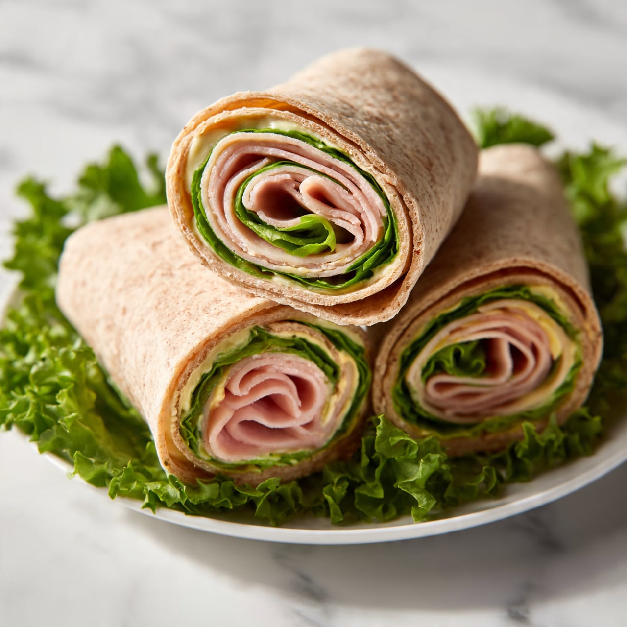 square image Four rolled wraps sit on a bed of green lettuce leaves on a white plate, which is placed on a white marbled surface. Each wrap has several visible layers: a light brown tortilla on the outside, fresh green lettuce inside, thin slices of pinkish deli meat, and a light spread of creamy sauce. The wraps show a spiral pattern with all layers tightly rolled together, with the texture of the tortilla slightly soft and flexible. Photo taken with an iphone --ar 4:5 --v 7