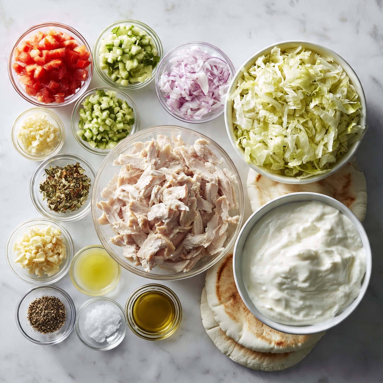 square image The image shows ingredients neatly arranged on a white marbled surface. There are two white bowls on the right side; one filled with shredded pale green lettuce and the other filled with thick, white sauce or yogurt. Next to these bowls are two stacked white pita breads, each with a light brown toasted surface. In the middle, a transparent bowl holds thinly sliced pale pink chicken strips. Around these main items are small clear bowls with various chopped vegetables and spices: diced red tomatoes, finely chopped cucumber, thinly sliced red onion, minced garlic, dried herbs, lemon juice, black pepper, salt, and olive oil. The layout is orderly, with each ingredient shown clearly. Photo taken with an iphone --ar 4:5 --v 7