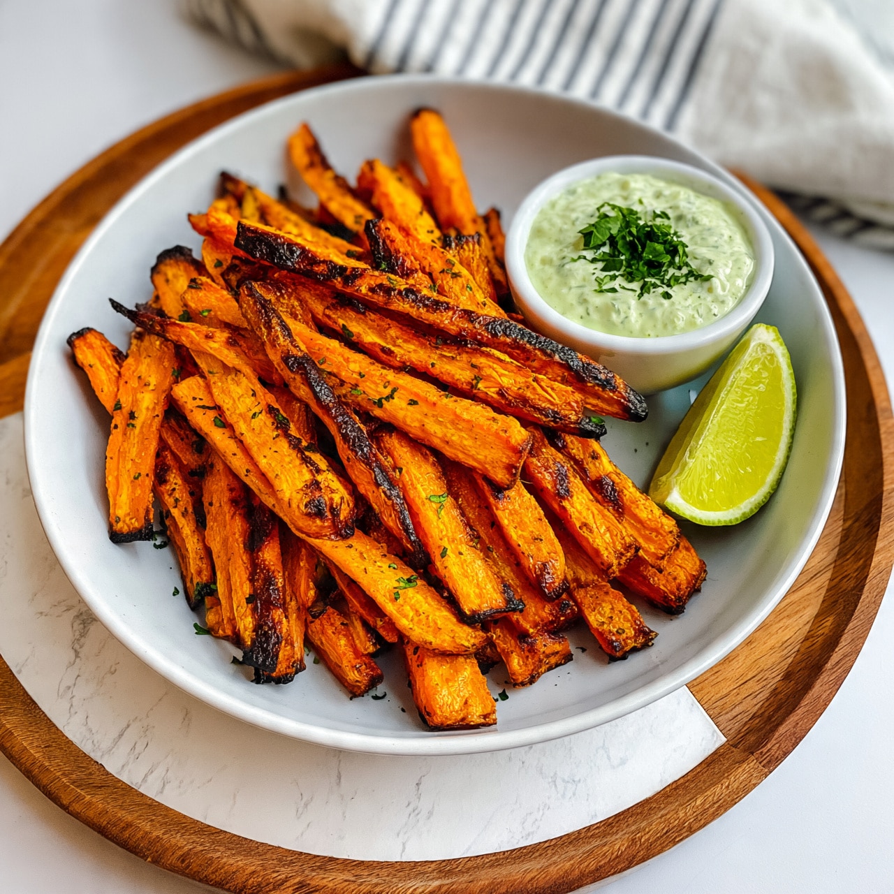 square image A white deep round plate holds a pile of crispy baked carrot fries that are golden orange with dark brown roasted spots, sprinkled with small green herb bits. On one side inside the plate, there is a small white cup filled with creamy light green sauce topped with fresh green herbs. A bright lime wedge rests next to the fries in the plate. The plate is placed on a round wooden board with a white marbled surface underneath and a striped white and gray cloth in the background. Photo taken with an iphone --ar 4:5 --v 7